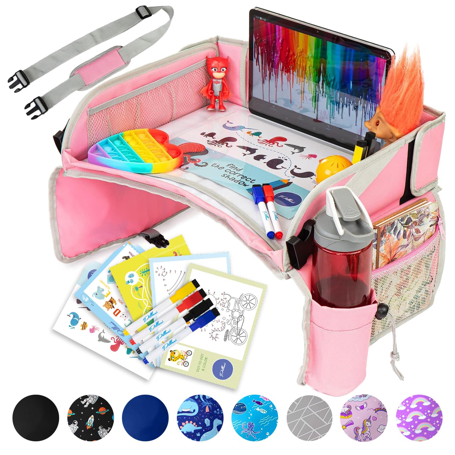 PILLANI Kids Travel Tray for Car - Car Seat Tray for Kids Travel, Road Trip Must Haves, Car Trays for Kids Roadtrip Essentials, Carseat Table Tray for Kids Road Trip Activities - Toddler Lap Desk Pink