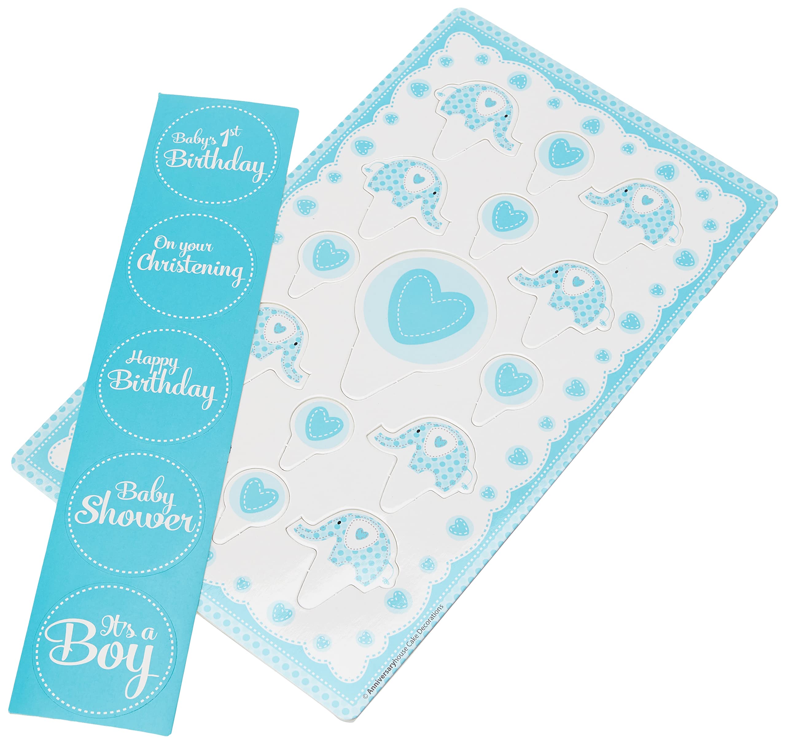 Anniversary House Sweet Baby Elephant Blue Cake Topper Kit with Stickers
