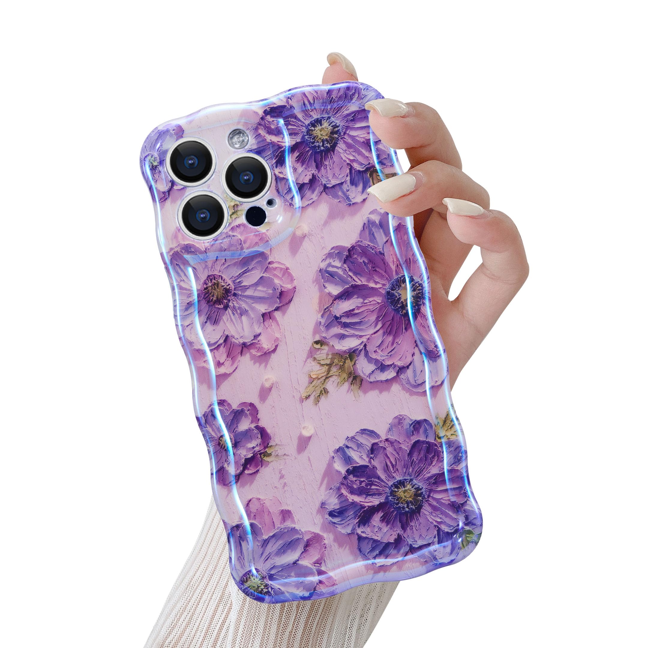 QLTYPRI Case for iPhone 12 Pro Max,Colorful Retro Oil Painting Flower Pattern Cute Curly Wave Frame Exquisite Phone Case for Girls Women, Shockproof Protective Phone Cover for iPhone 12 Pro Max-Purple