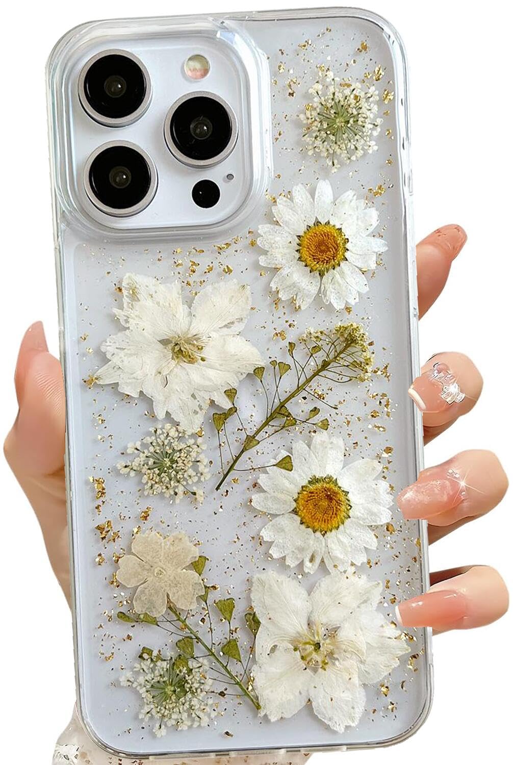 LSEEKA for iPhone 13 Pro Max Clear Case with Pressed Real Flowers Design,Glitter Cute White Floral Pattern Slim Soft TPU Protective Women Girl's Phone Cover for iPhone 13 Pro Max