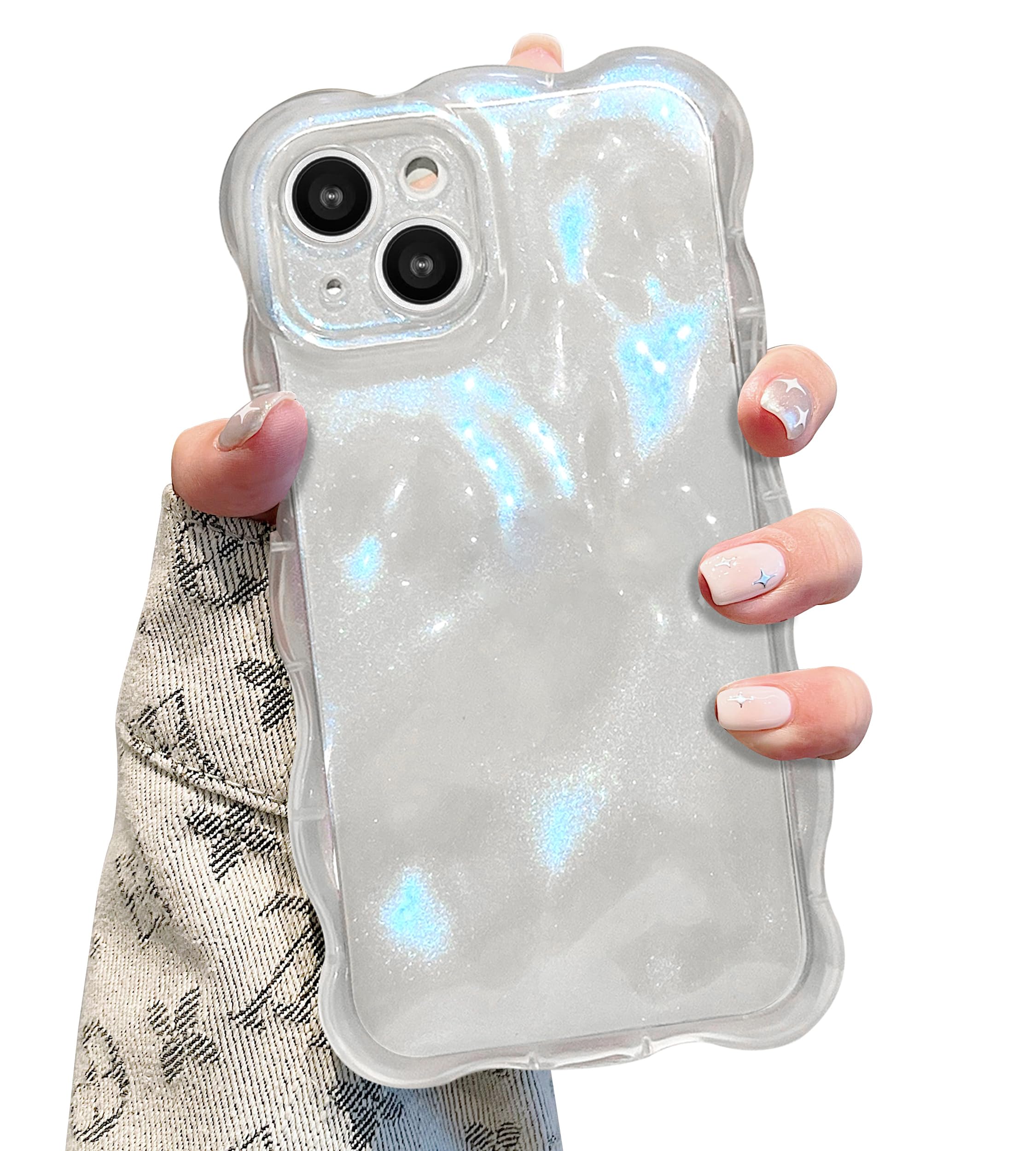 UEEBAI Case for iPhone 13, Cute Clear Color Curly Wave Shape Shockproof Soft TPU Bumper Phone Case, Transparent Color Water Ripple 3D Silicone Slim Pretty Case Non-yellowing Cover, Transparent Blue