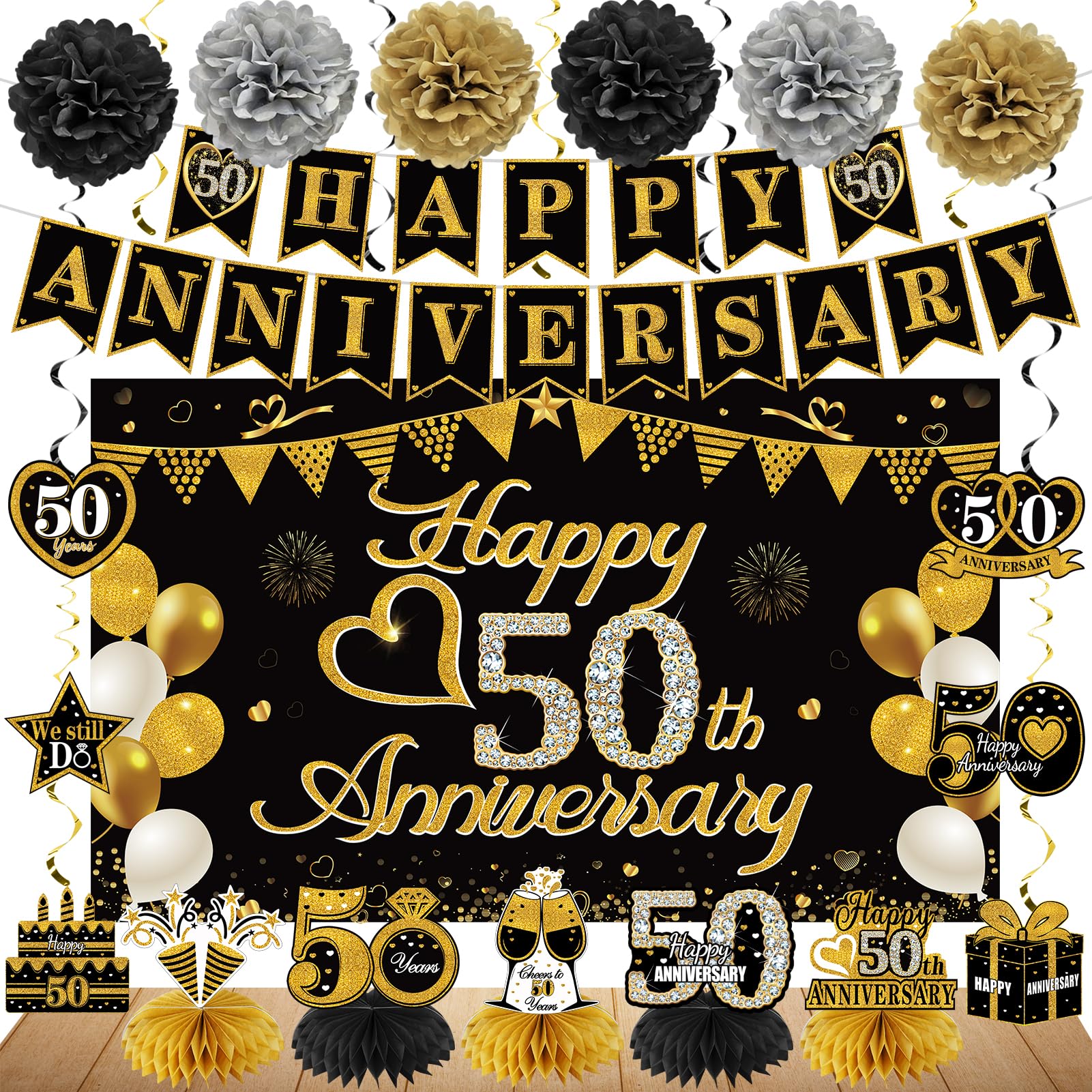 Turypaty Happy 50th Anniversary Decorations Kit, Black Gold 50th Wedding Anniversary Party Supplies - Large Happy 50th Anniversary Banner Backdrop, Table Centerpieces, Hanging Swirl, Parper Pompoms