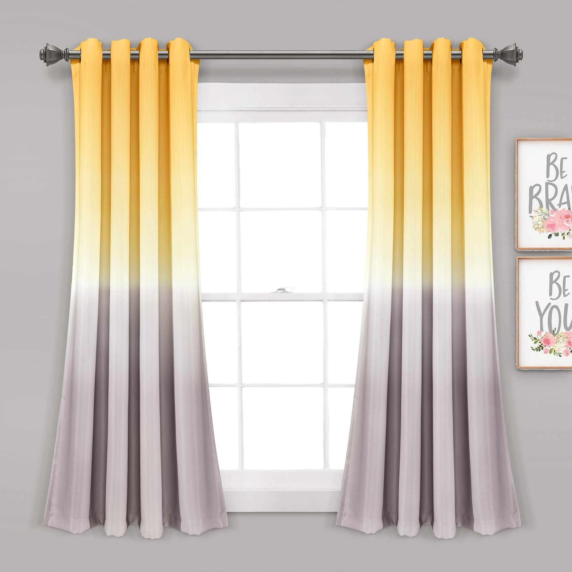 Lush Decor Umbre Fiesta Light Filtering Window Curtain Panel Pair, 52" W x 63" L, Yellow & Gray