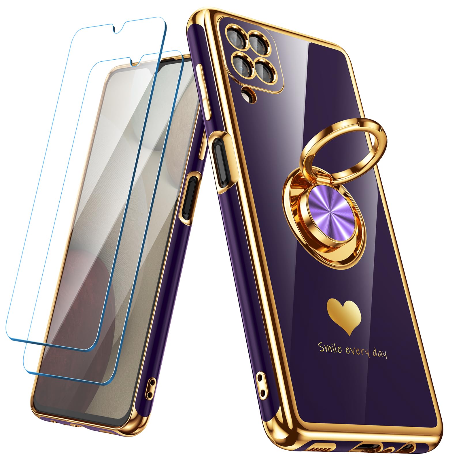 Nonional for Samsung Galaxy A12 Case with 2 Pack Screen Protector, 360° Rotatable Ring Holder [Luxury Hearts Pattern] Plating Gold Edge Slim Soft Phone Cover Case for Galaxy A12 - Purple