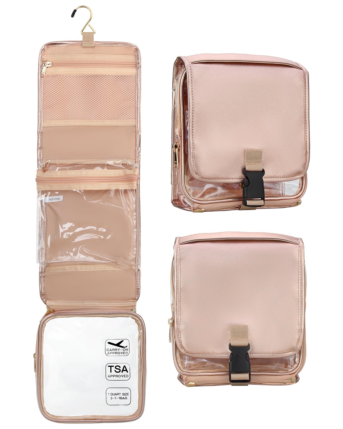 Relavel Travel Toiletry Bag for men women with Detachable TSA Approved Toiletry Bag, Compact Hanging toiletry bag with Small Carry On 3-1-1 Clear Waterproof Travel Bags for Toiletries, E-Rose Gold, A