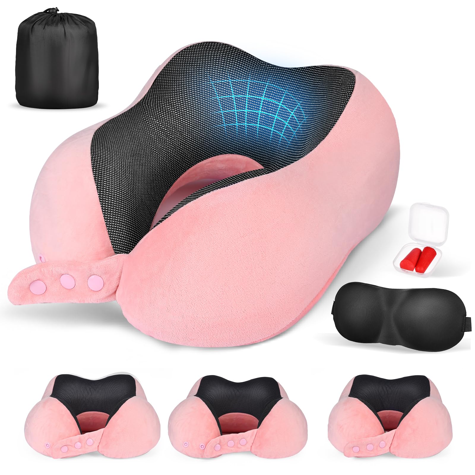 Lychico Reise-Nackenkissen für Flugzeug, Auto und Zug, ergonomisches Nackenstützkissen aus Memory-Schaum zum Schlafen, atmungsaktiv und verstellbar, kompaktes und tragbares Reisekissen für Erwachsene