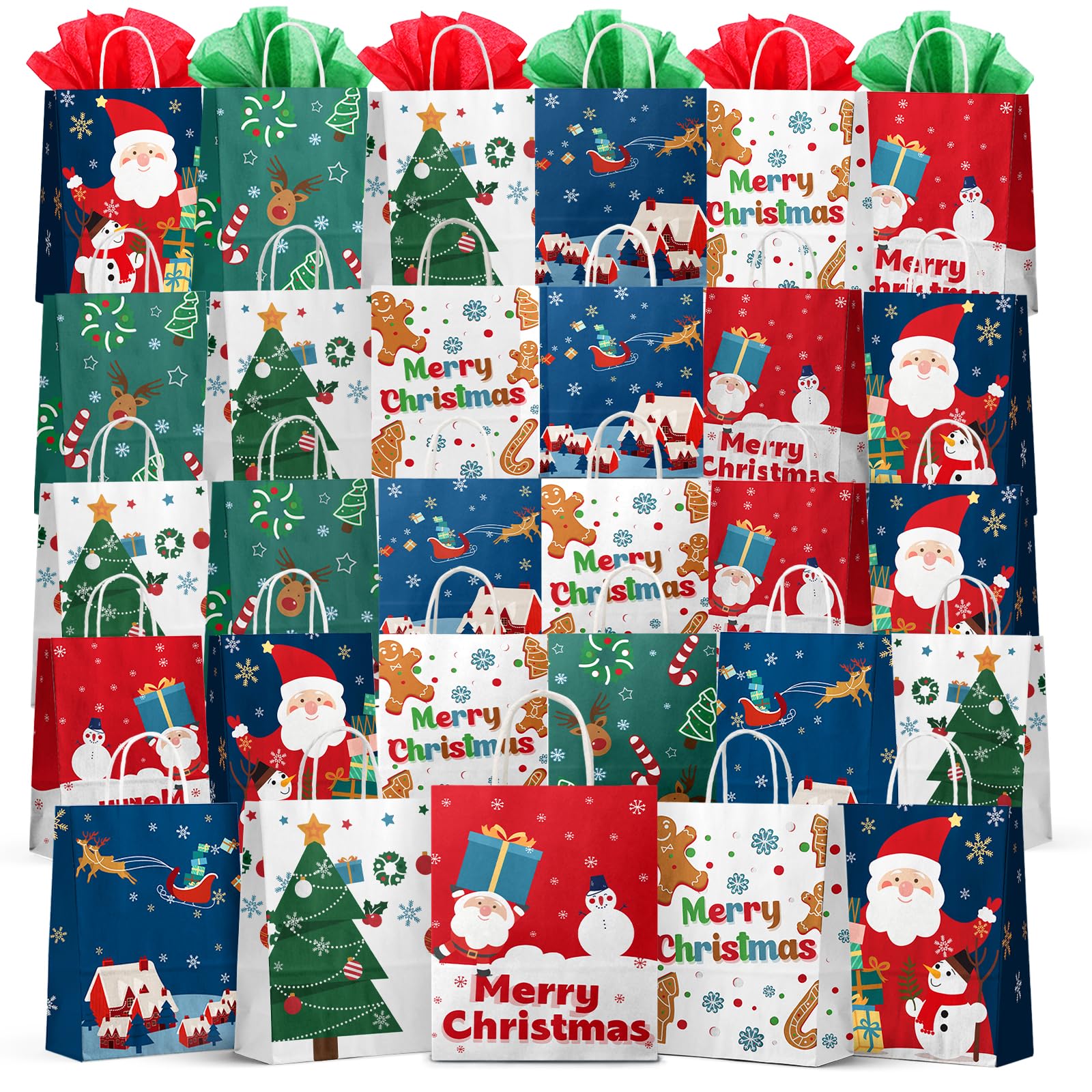 Kidtion Christmas Gift Bags 30 PCS, 7.5"x9"x3.5" Durable Christmas Bags with Tissue Paper, 6 Styles Gift Bags Bulk with Handles, Reusable Small Gift Bags, Party Favors Holiday Gift Bags, Colorful
