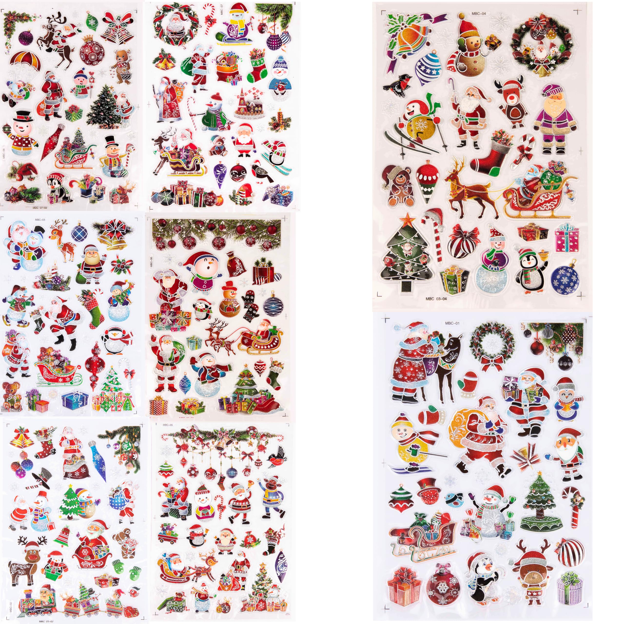3D Christmas Window Stickers Metallic Colourful - 8 Assorted Sheets Christmas Window Decorations Clings Reusable Glass Snowflakes Sticker Christmas Scene, PVC Static Xmas Window Display Decals