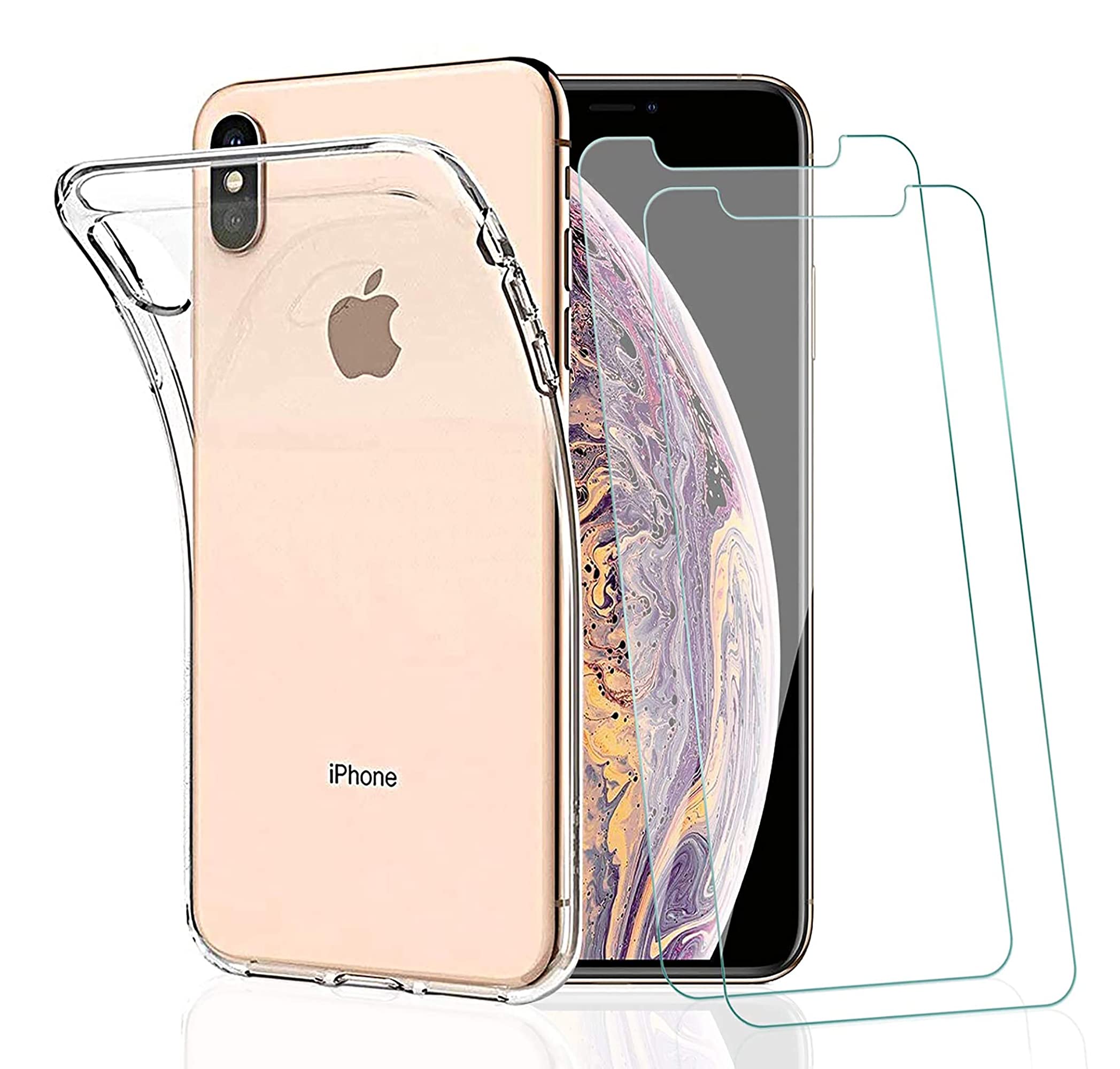 ICOVERI Pack Transparent Anti-Shock Gel Case Compatible with iPhone XS Max Flexible TPU + 2 Tempered Glasses, 9H Protection