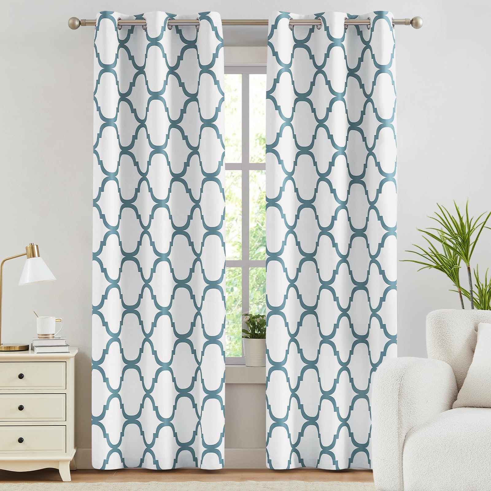 Melodieux Moroccan Fashion Thermal Insulated Room Darkening Blackout Grommet Curtains for Living Room, 42 by 84 Inch, Off White/Dusty Teal (2 Panels)