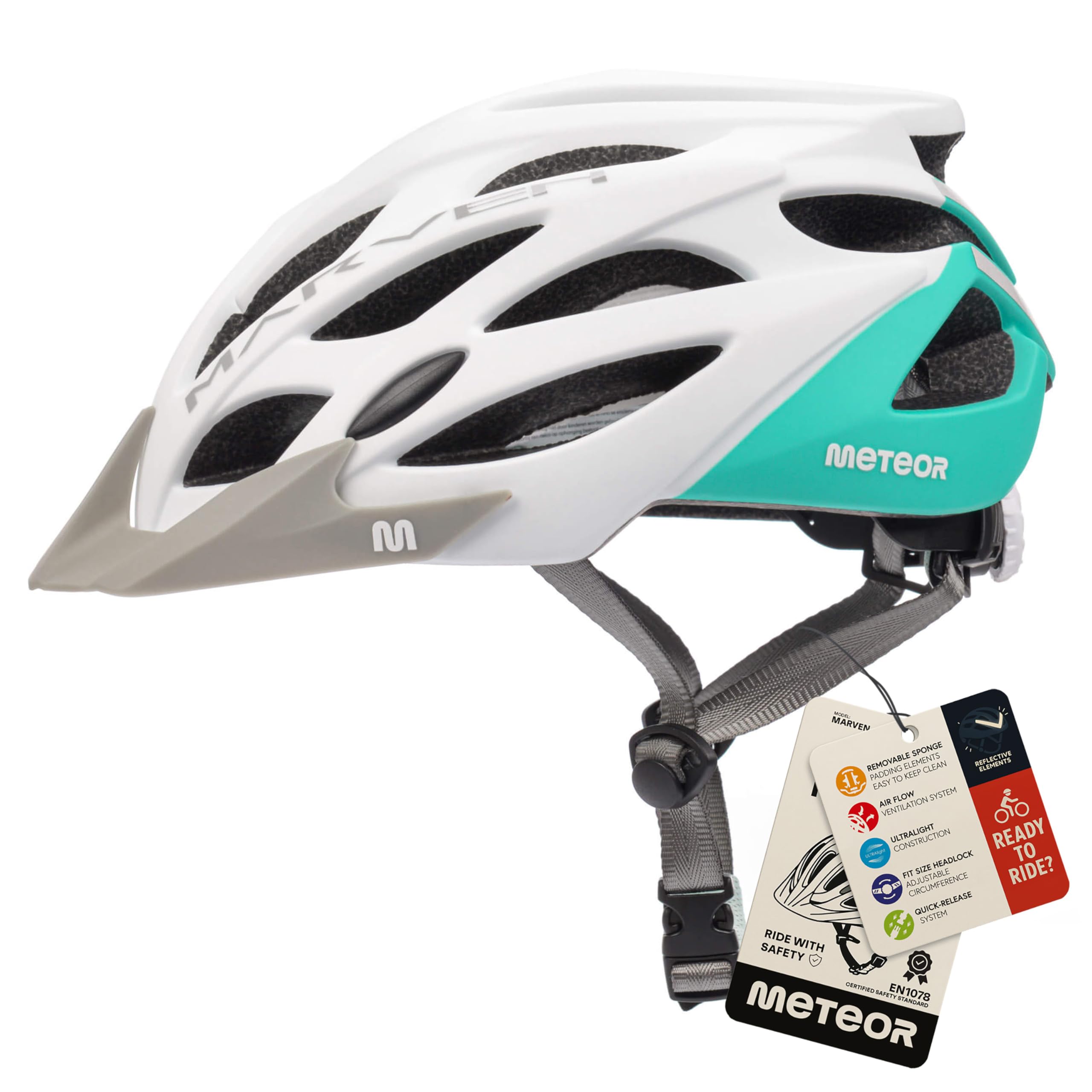 Meteor - MARVEN Cycle Helmet – Lightweight Adjustable Helmet for Men, Women, Kids – MTB, Bike, Scooter, Skateboard & Hoverboard – Breathable with Detachable Visor - Size M - White/Minth