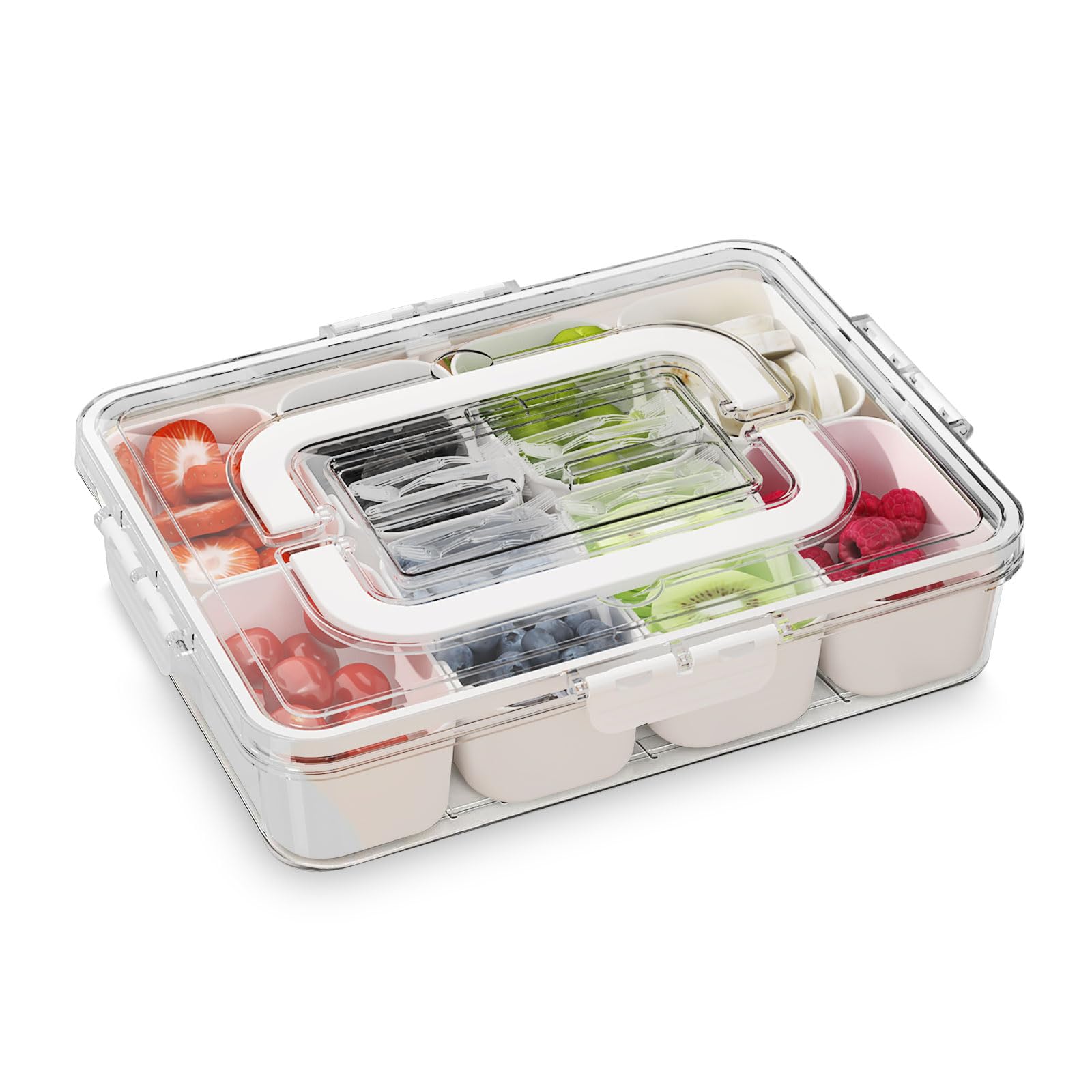 Snackle Box Container - Portable Divided Serving Tray with Lid and Handle, Clear Snack Box Charcuterie Containers for Candy, Fruits, Nuts, Snacks, Perfect for Road Travel Picnic Party (8 Grid)