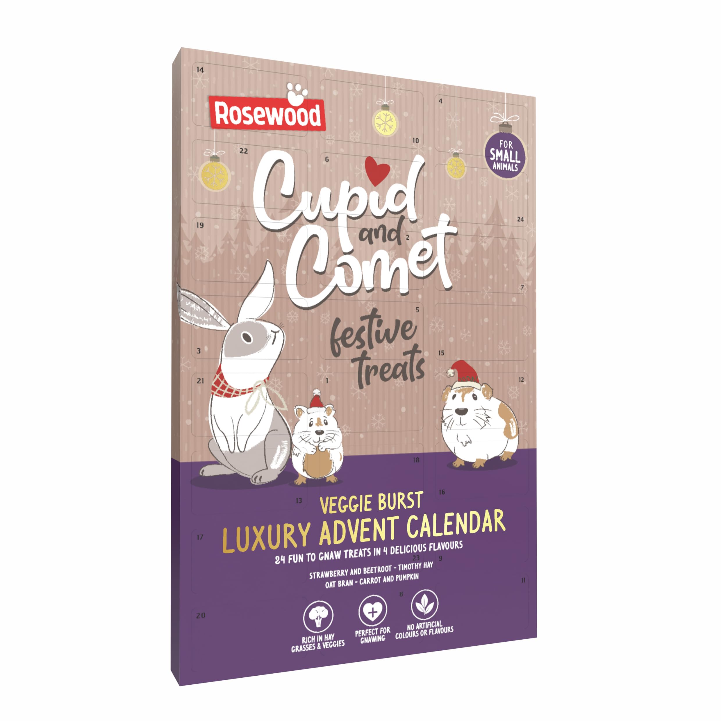 Rosewood Cupid & Comet Luxury Veggie Burst Advent Calendar for Small Animals – Variety of Natural Flavours, Rich in Hay, Grasses and Vegetables, 24 Treats for Hamsters, Rabbits, Guinea Pigs (120g)