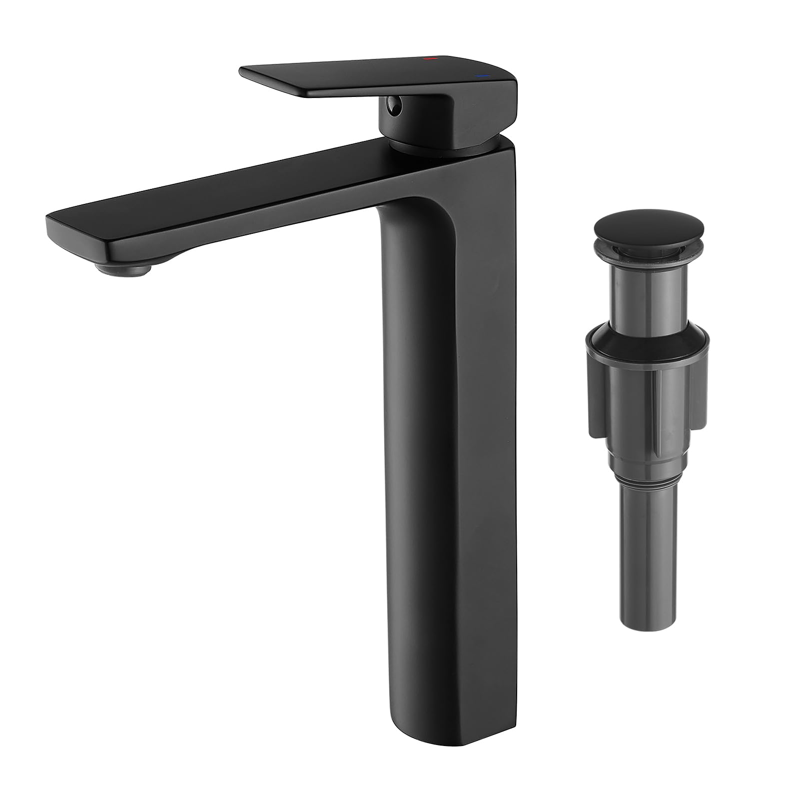 Matte Black Bathroom Faucet Single Handle Tall Vessel Sink Faucet Vanity Bathroom Faucet Basin Mixer Tap with Water Supply Hose and Pop Up Sink Drain