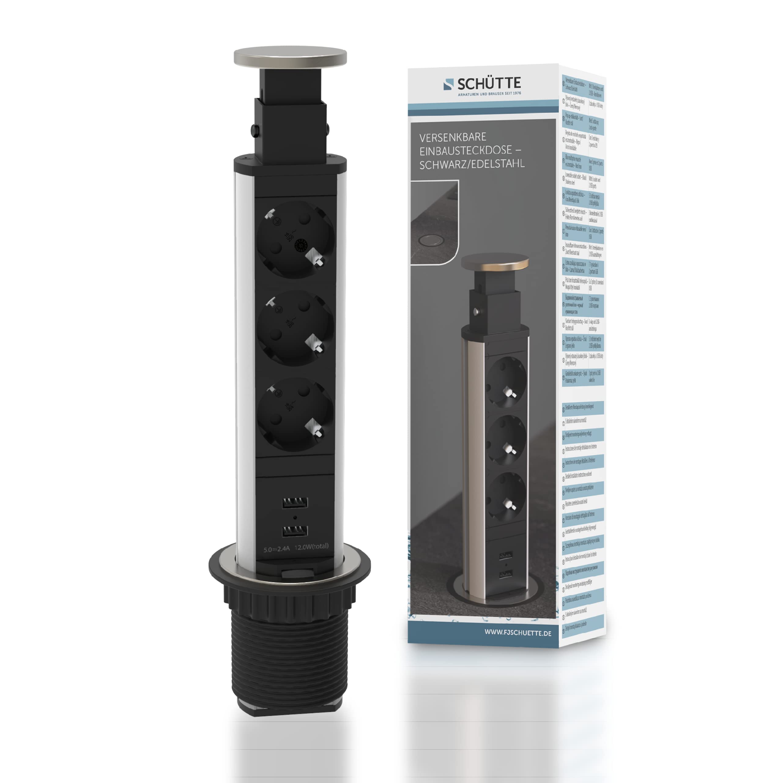 SCHÜTTE 3073 Worktop Retractable Power Strip (2 USB Ports and 3 230 V Outlets) Recessed for Kitchen to Redesign, Table Power Socket, Stainless Steel