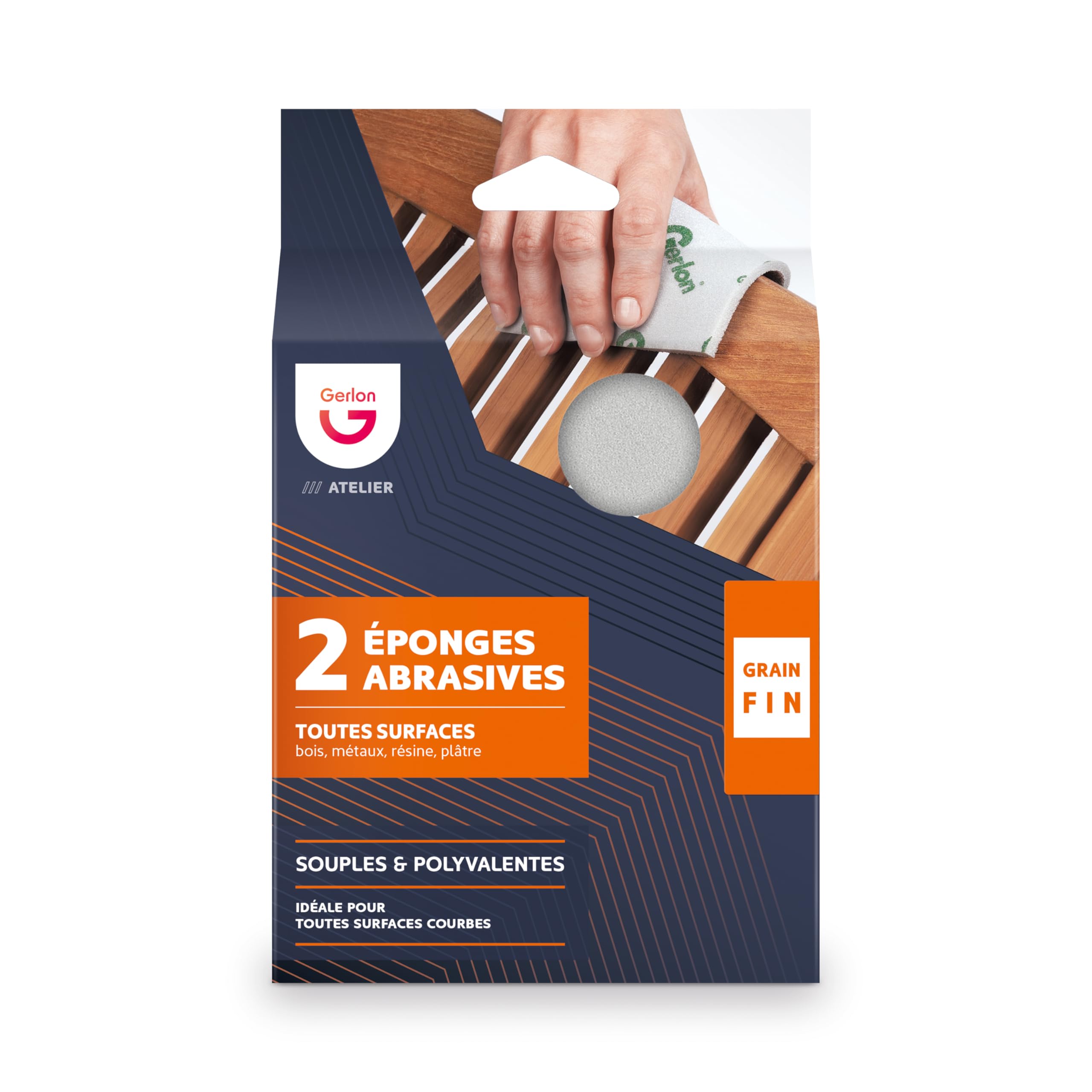 Gerlon Set of 2 Abrasive Sponges Fine Grain Made in France, Wood, Neutral