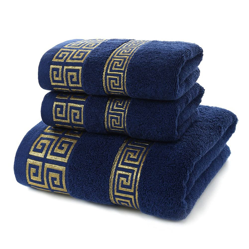 AHXHWKA Wociud XHSP 100% Cotton Highly Absorbent Embroidered Towels 3-Piece Towel Set Hotel Bath Towel, 1 Bath Towels, 2 Hand Towels Extra Think Beach Bath Towels (Blue)