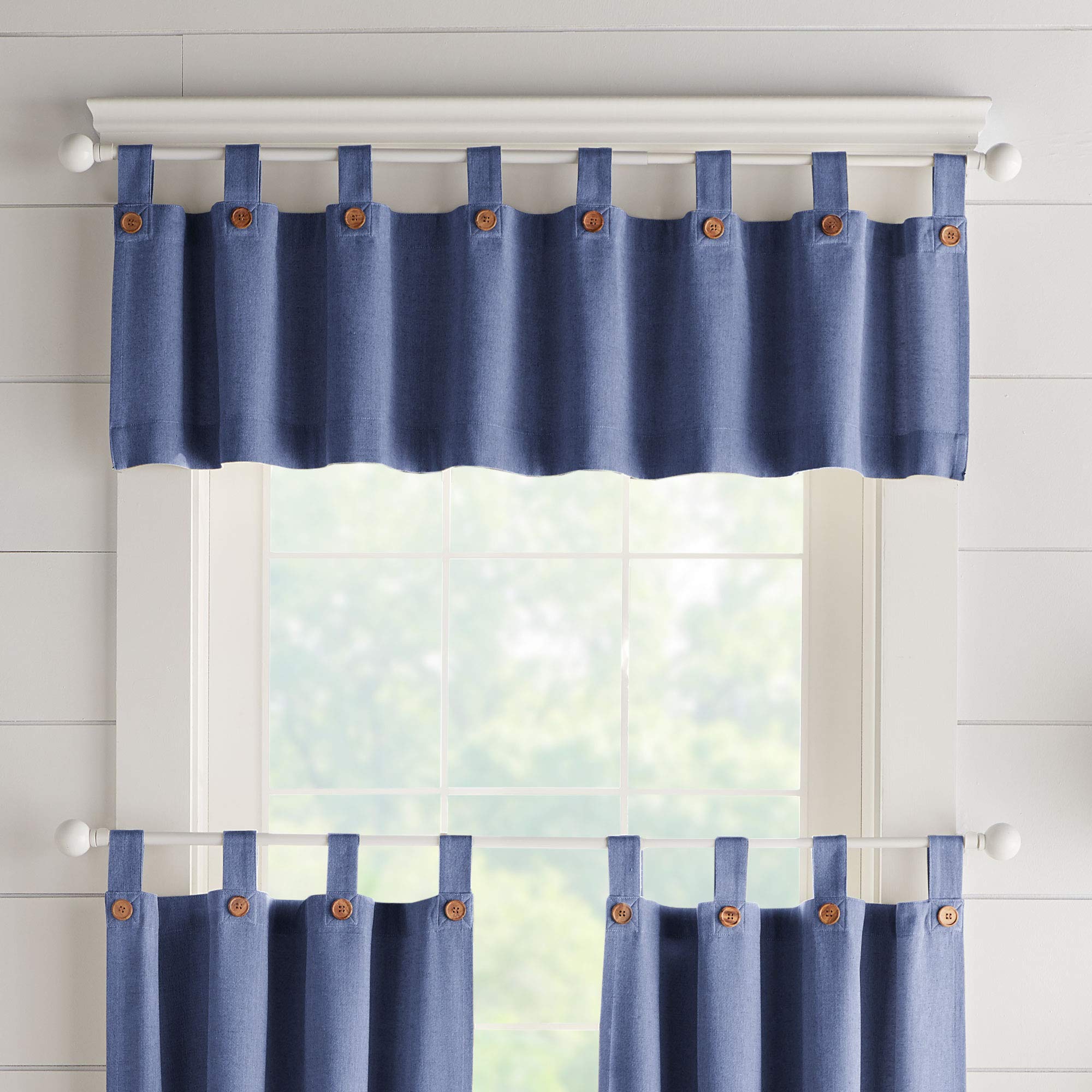 Elrene Home Fashions Tucker Solid Button Window Curtain Kitchen Valance, 60" W x 15" L (1, Blue