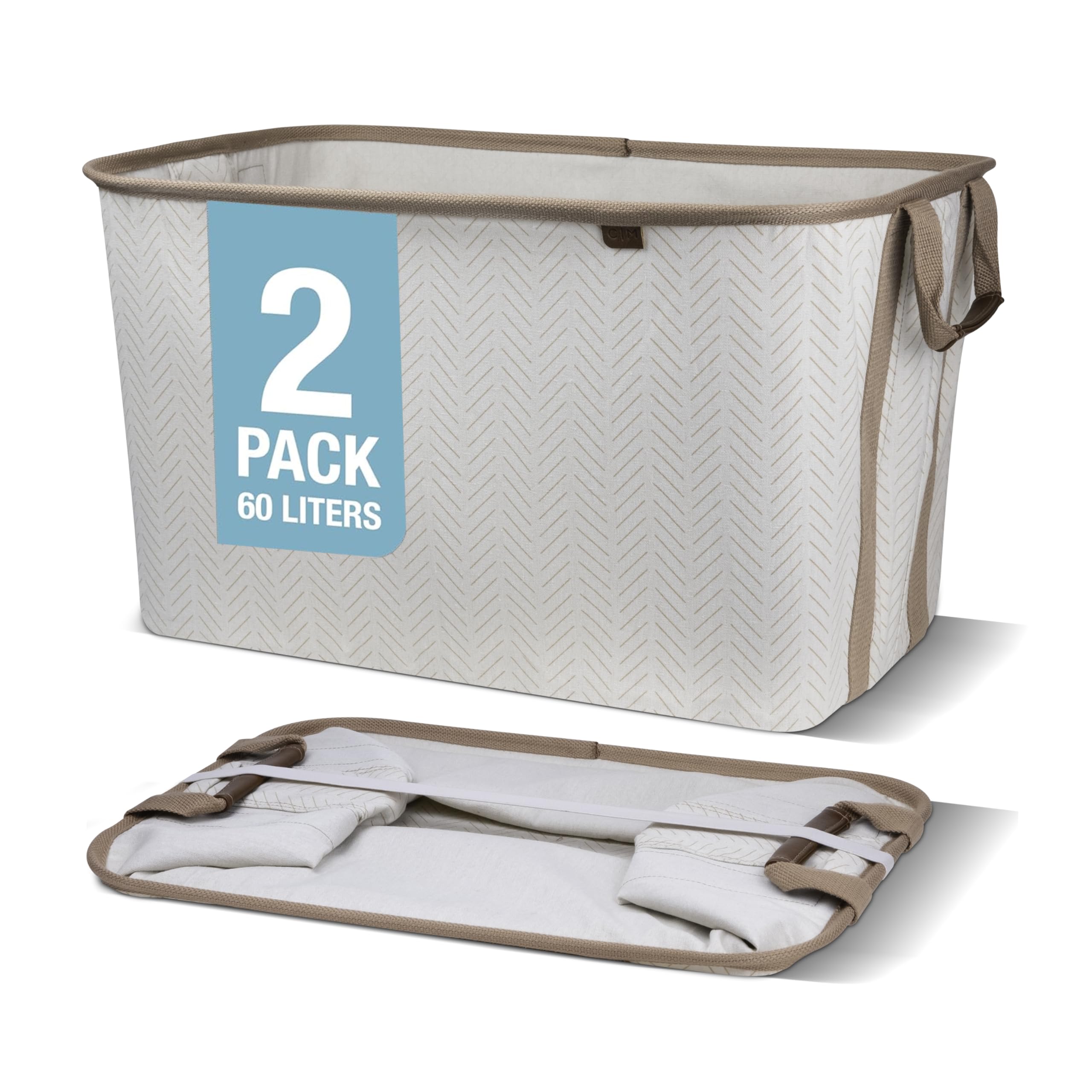 CleverMade Collapsible Fabric Laundry Basket - Premium Foldable Pop Up Storage Bin - Space Saving Hamper with Side Handles Large, Cream Herringbone, 2 Pack