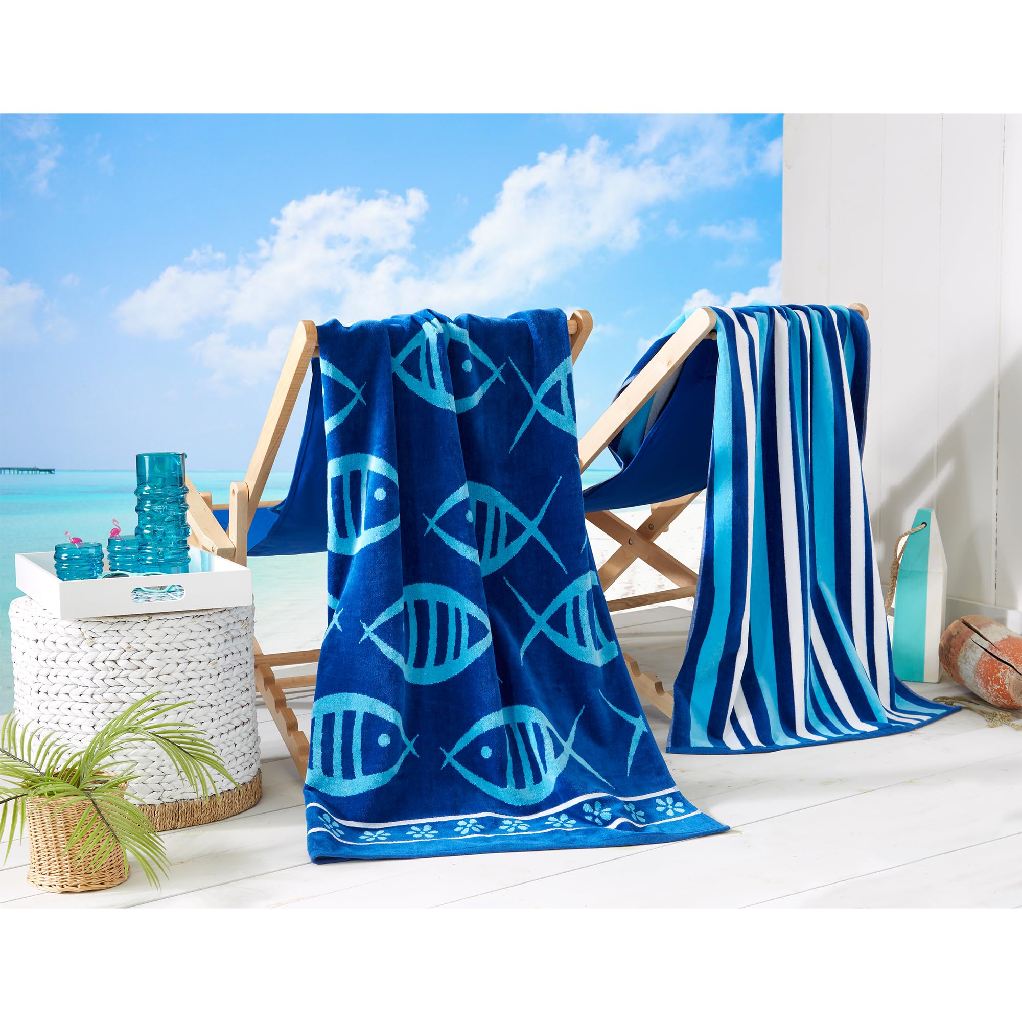 Great Bay Home Large Beach Towel Set of 2 - Blue Fish and Striped Beach Towels for Adults - Velour Pool Towels 100% Cotton - Lightweight Quick Dry Beach Towel Pack