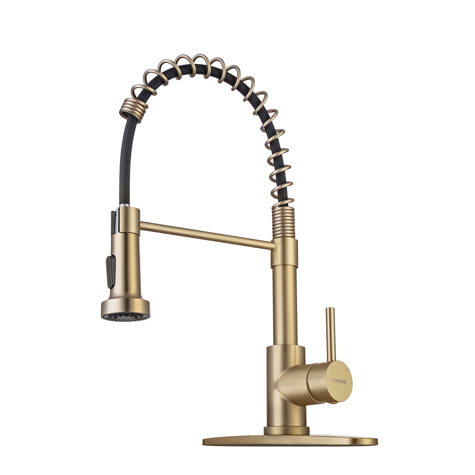 Brushed Gold Kitchen Faucet with Pull Down Sprayer, RV Brass Kitchen Faucet Stainless Steel Single Handle Spring Faucet with Deck Plate for Farmhouse Utility bar Laundry Sinks WEWE