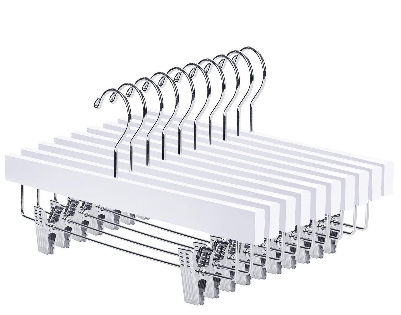 Nature Smile Solid Lotus Wood Deluxe Wooden Pants Hangers Bottom Hanger Jeans Hanger Skirt Hanger with 2-Adjustable Clips Anti-Rust Hook Pack of 10 (White)