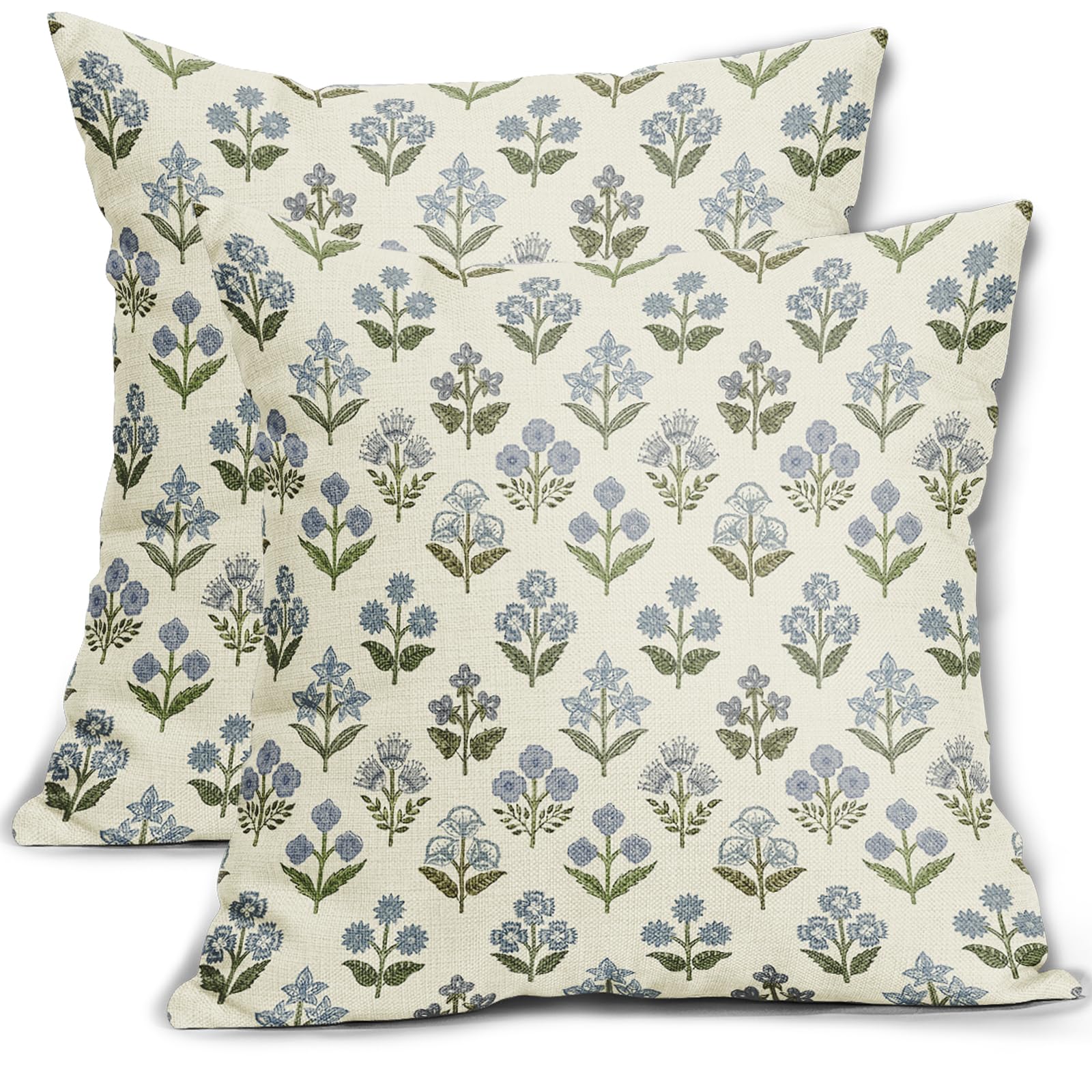 Sivirary Blue Green Block Print Pillow Covers 16x16 Inch Set of 2, Vintage Floral Decorative Throw Pillow Cases Boho Cushion Covers Rustic Decoration Gift Farmhouse Sofa Couch Bed Decor