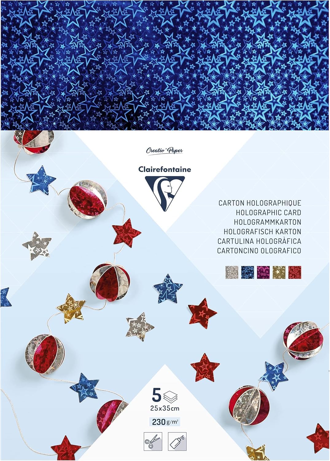 Clairefontaine - Ref 354695C - Maildor Prismatic Aluminium Cardboard (Pack of 5 Sheets) - 25 x 35cm, 195gsm Paper, Prismatic Effect - Assorted Colours