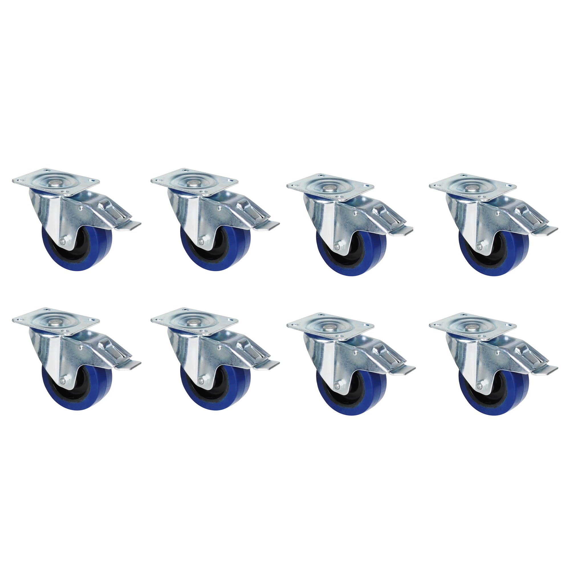 Adam Hall Hardware 372191 M8 AH - 8x Steel swivel castor with blue wheel and brake, 100 mm