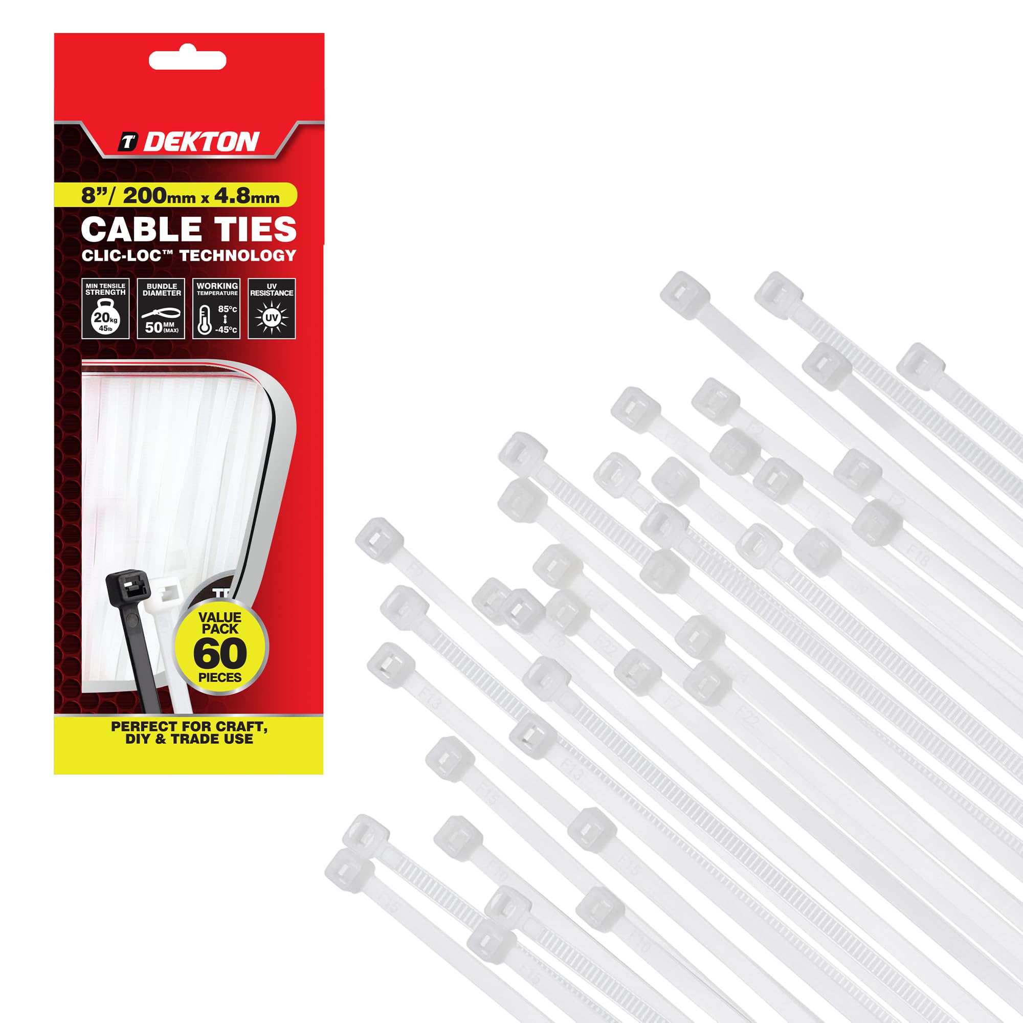 Dekton 60PC Cable Tie Set - 4.8MM X 200MM White | Heavy Duty Industrial Strength | High Temperature Resistant | Self-Locking Teeth | Ideal for Cables, Piping, Gardening & Wires | Indoor & Outdoor Use