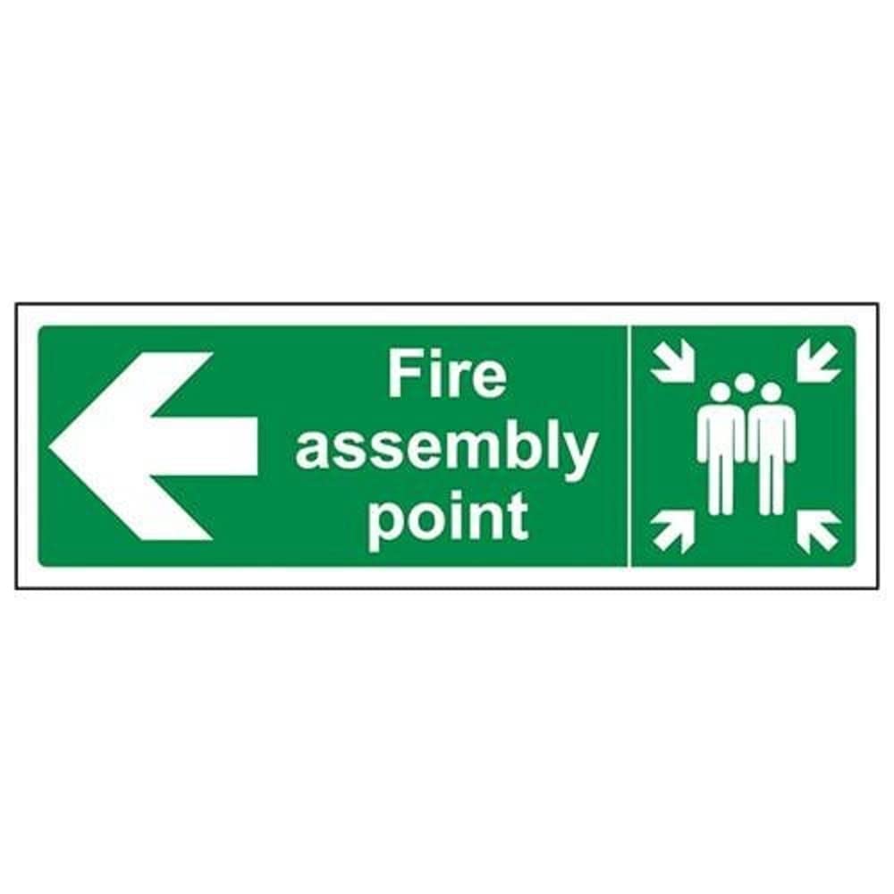 V Safety Fire Assembly Point Arrow Left Sign - 300mm x 100mm - Self Adhesive Vinyl