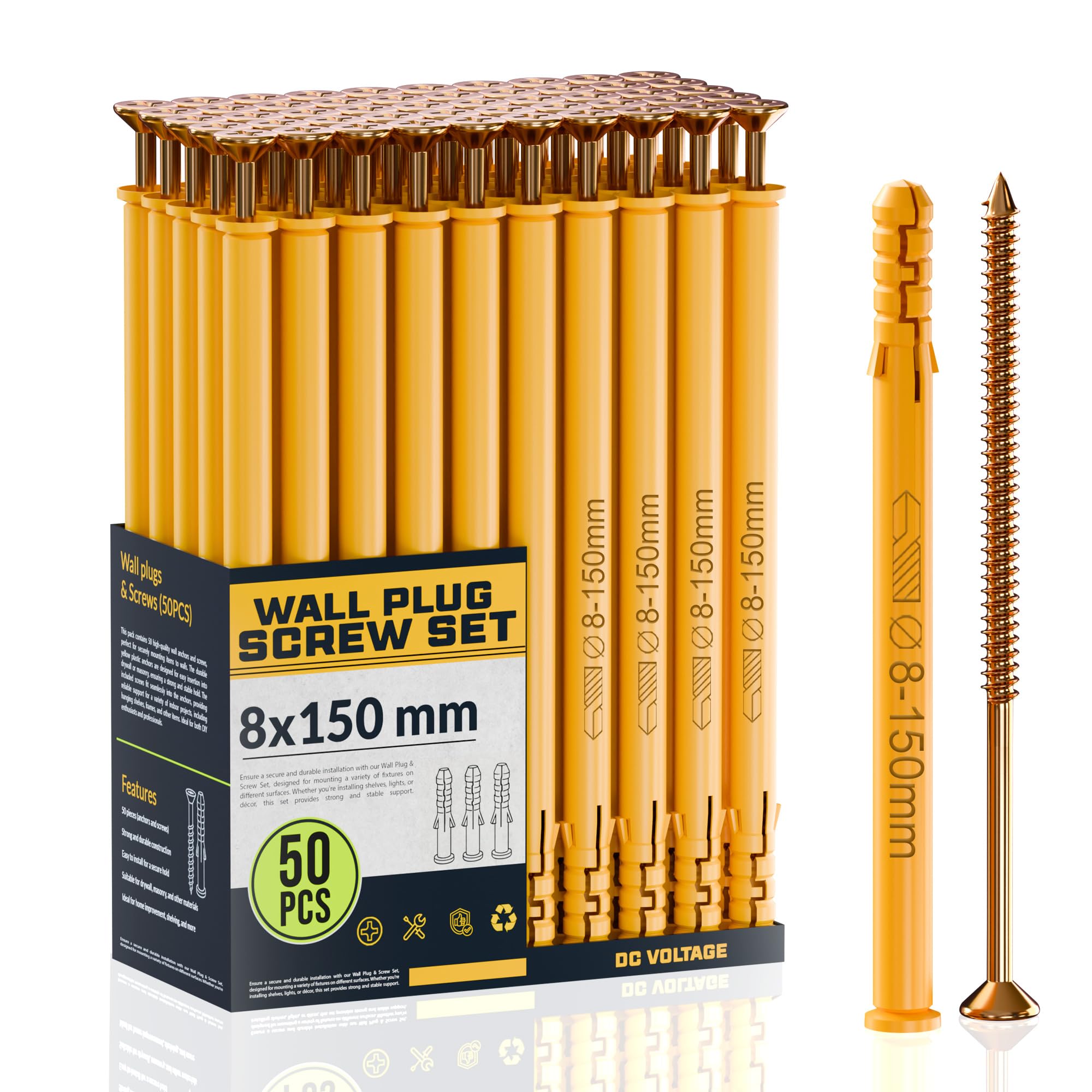 DC VOLTAGE 50 Pcs Wall Plugs and Screws Set 8mm x 150mm Concrete Fixings Screws and Wall Expansion Anchors Plugs Kit Wall Hanging Mounting TV Mount Drywall Self Tapping Screw Wall Plug