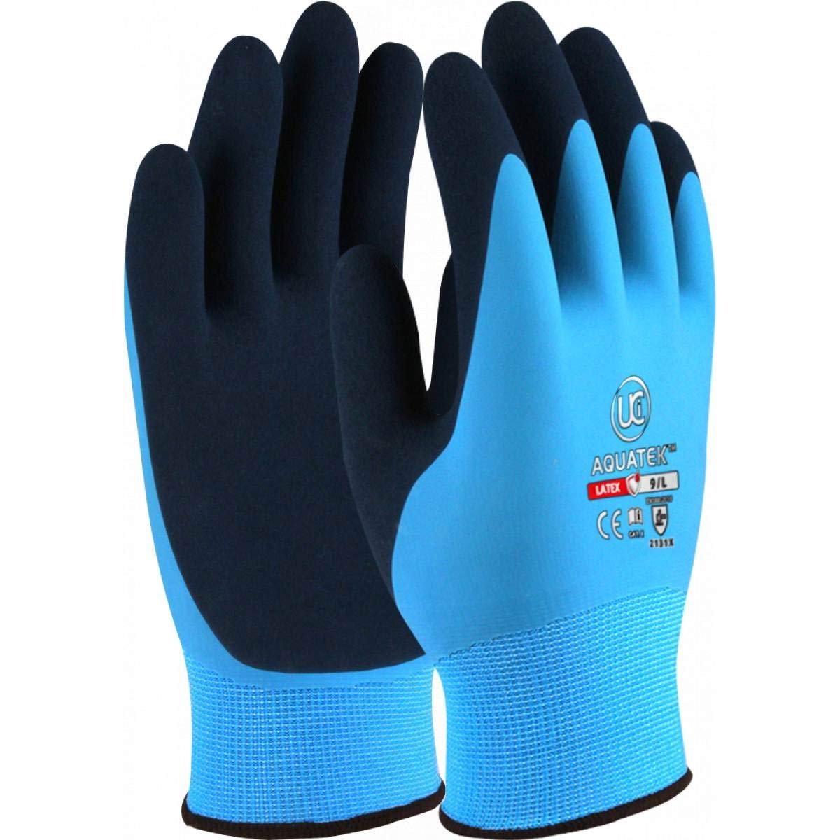 UCI AQUATEK Latex Waterproof Fully Coated Grip Work Gloves Blue (8/Medium)