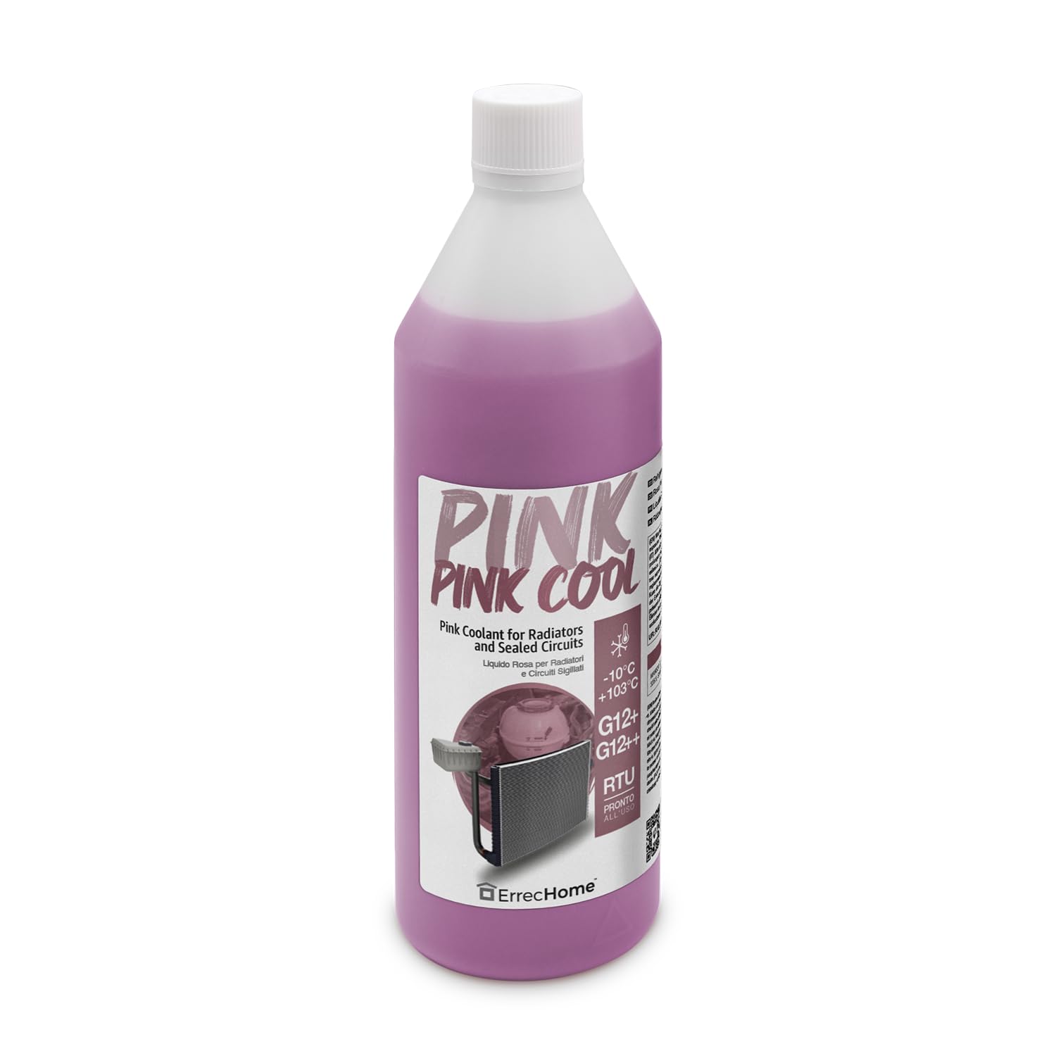 ERRECHOME Pink Cool, Pink Coolant and Antifreeze -10°C/+103°C, Formulation with 100% silanized Si-OAT inhibitor package, G12+, G12++, Ready to Use,1 Litre