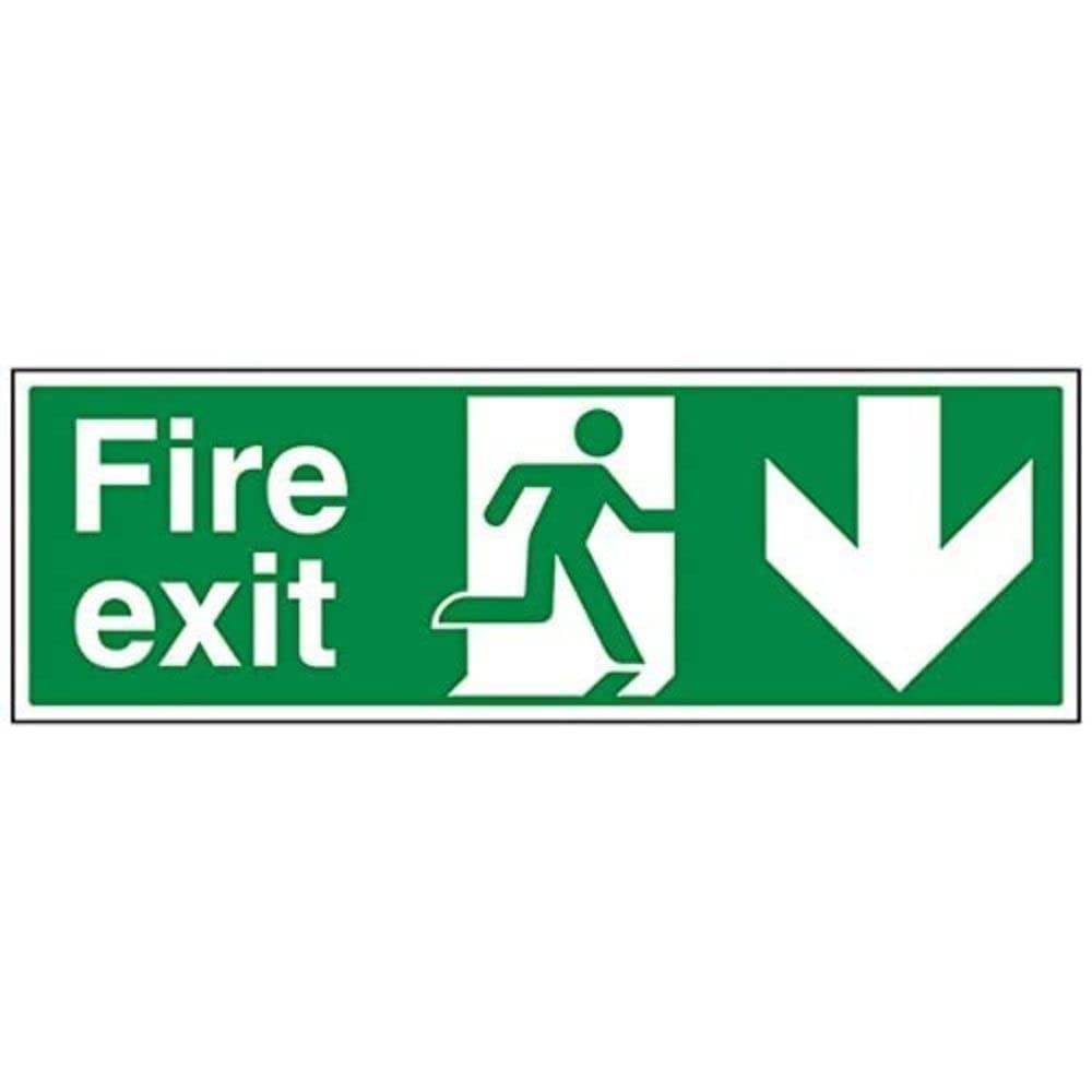 V Safety Fire Exit Arrow Down Sign - Landscape - 600mm x 200mm - 1mm Rigid Plastic
