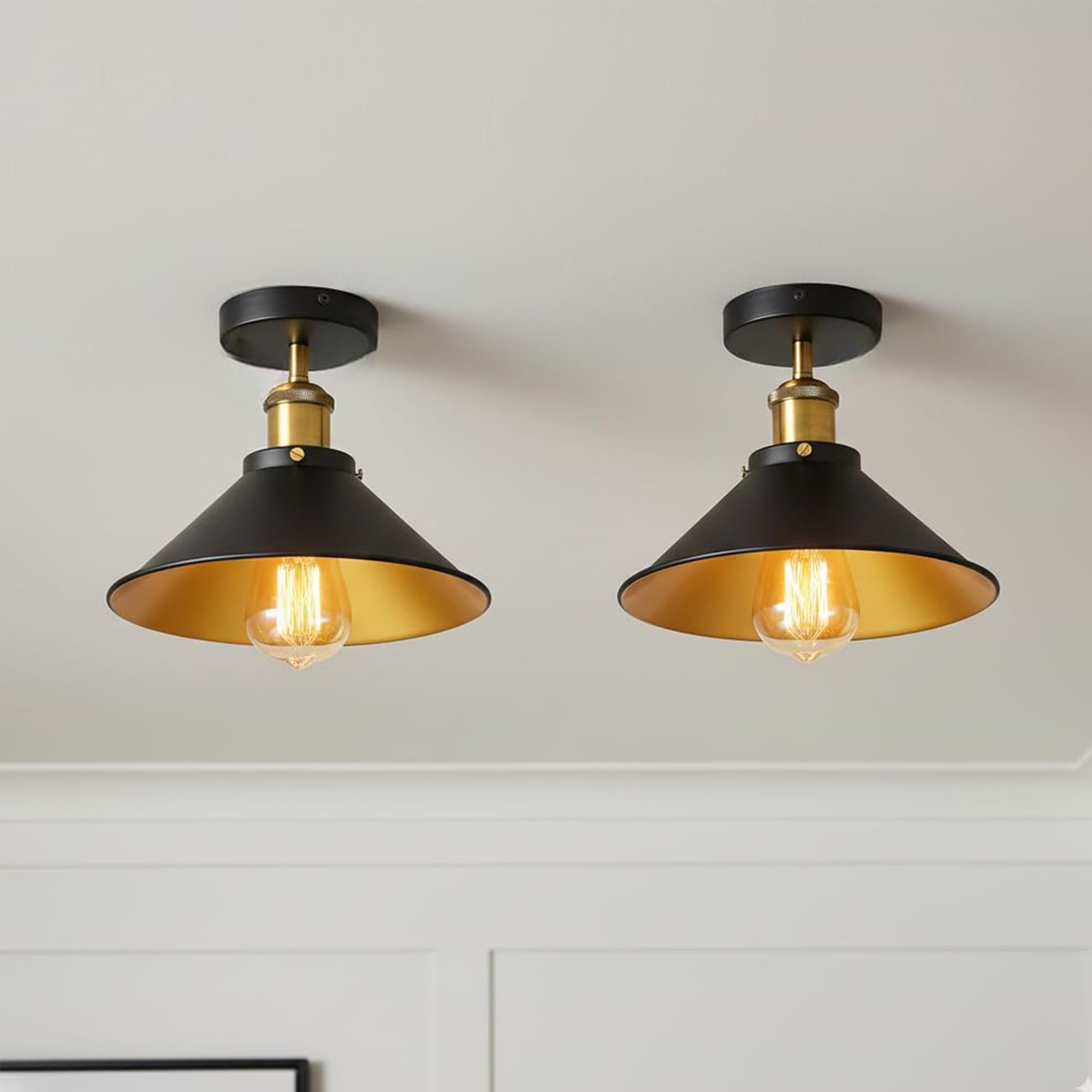 LEDSone Pack of 2 Industrial Flush Mount Ceiling Lamp Easy Fit E27 Semi Flush Metal Ceiling Light Fixture for Kitchen, Hallway, Bedroom with 22cm Black Inner Gold Cone Lampshade and Bulb