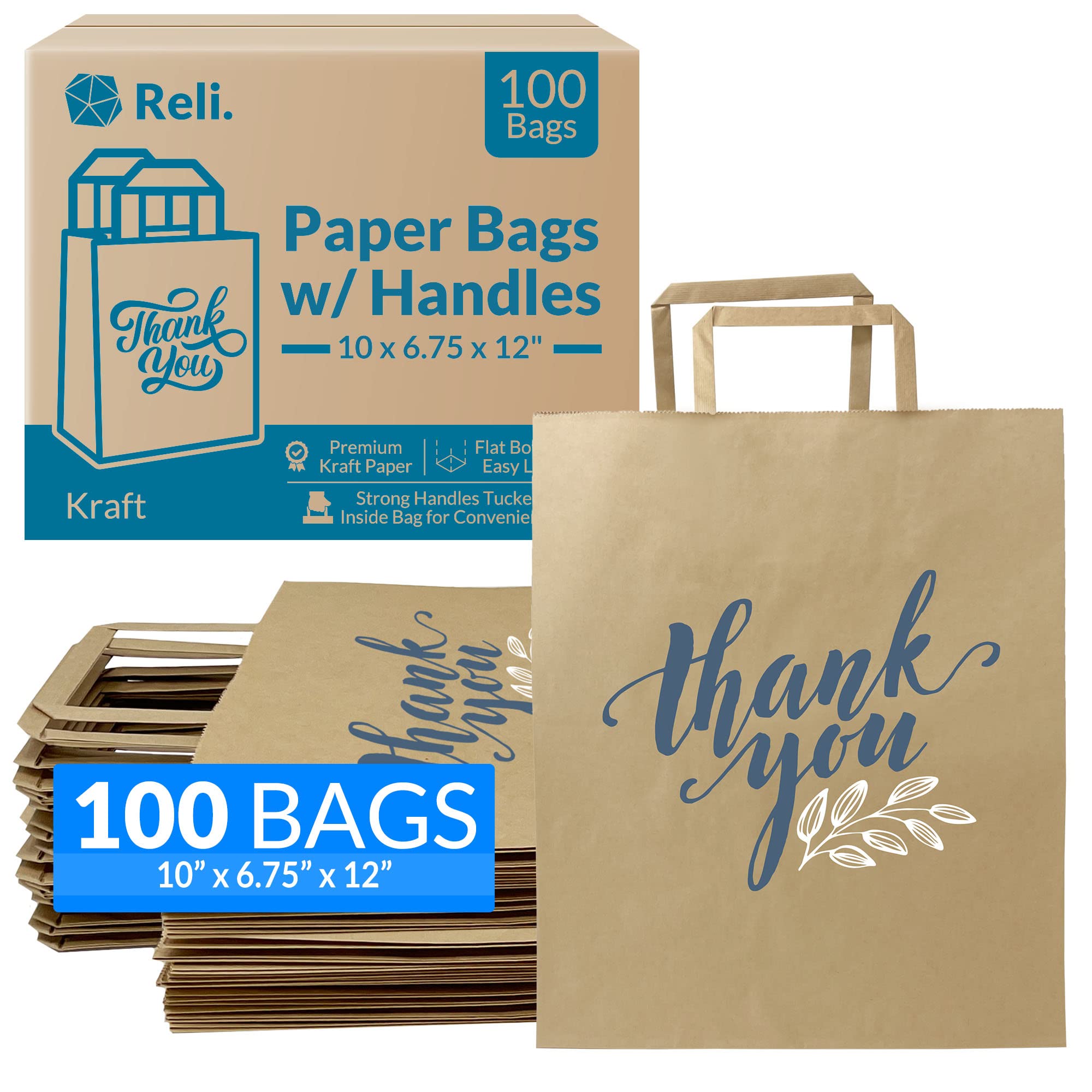 Reli. Brown Paper Bags w/Handles,100 Pcs Bulk,10"x6.75"x12",Paper Thank You Bags,Printed Kraft Paper Bags, Shopping Bags, to Go Bags, Thank You Gift Bags,"Thank You" Print, 100 Count (Pack of 1)