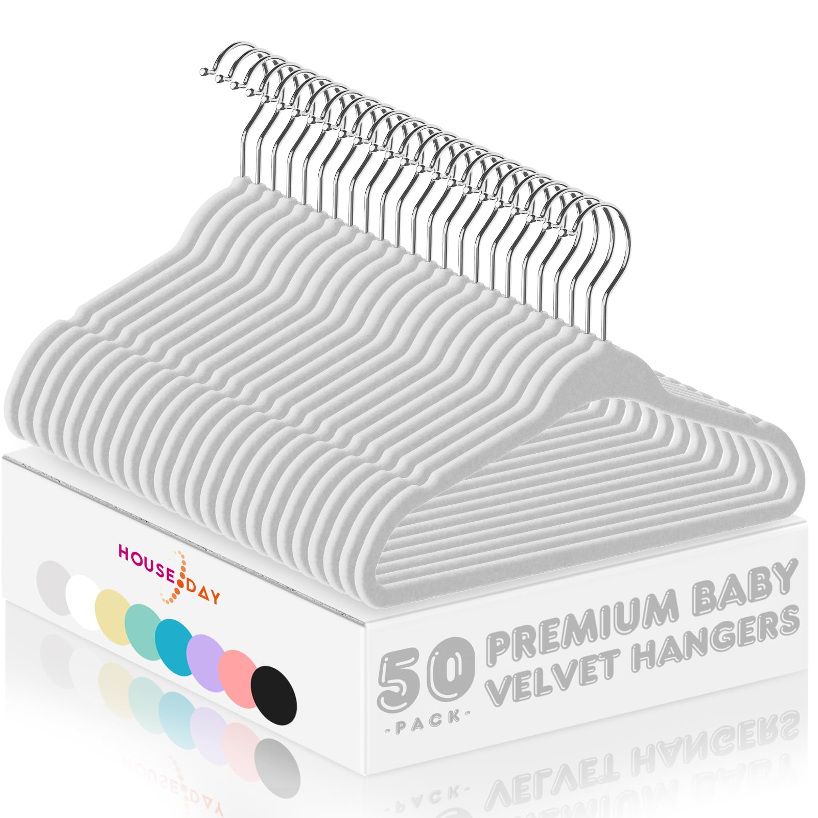 HOUSE DAY Velvet Baby Hangers 50 Pack, Premium Children's Hangers for Baby, Infant & Toddler Clothes, Durable Non Slip Baby Felt Hangers Grey, 11 Inch Baby Hangers for Closet, Ideal for Everyday Use
