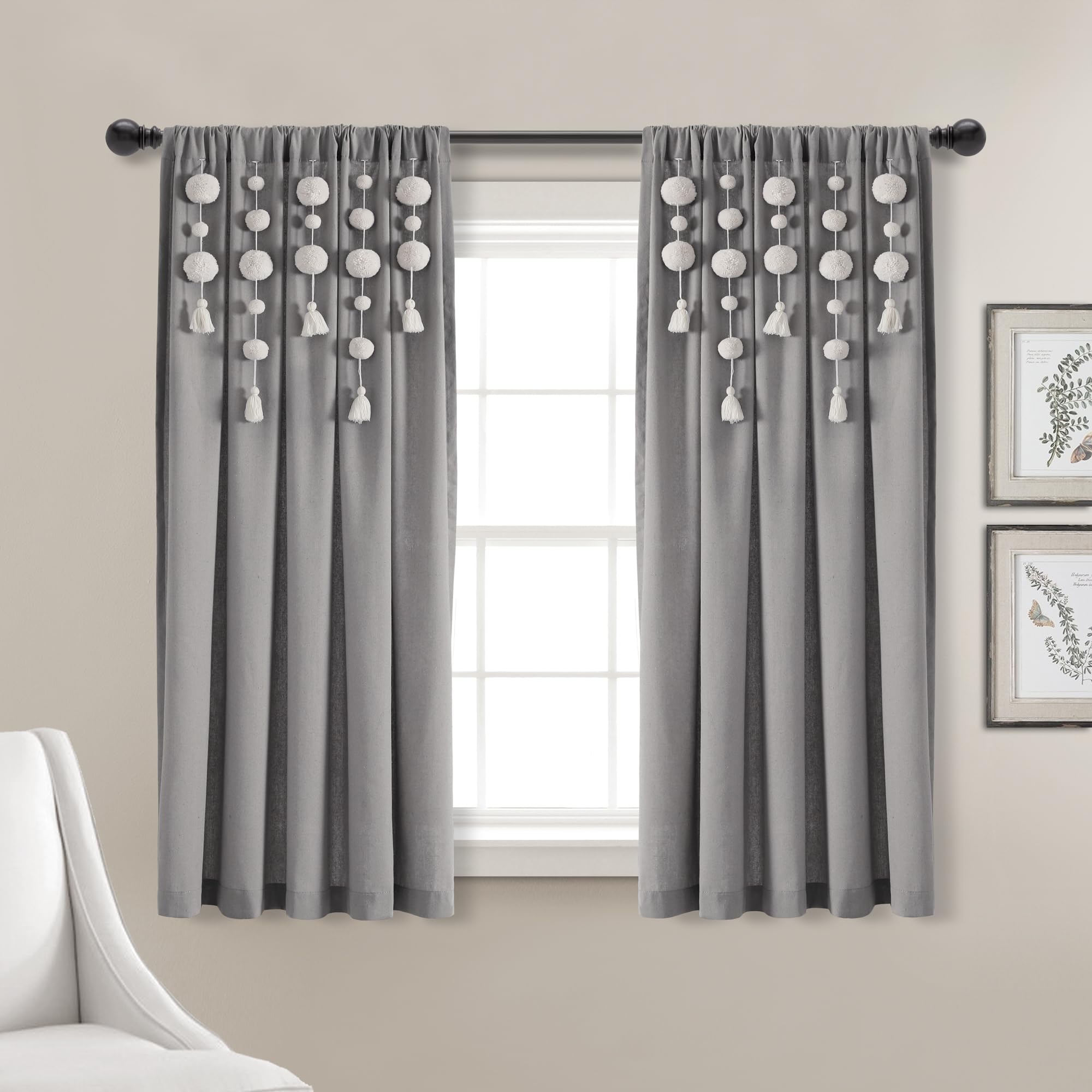 Lush Decor Boho Pom Pom Tassel Linen Window Curtain Panel (Single Panel), 63" L x 52" W, Dark Gray