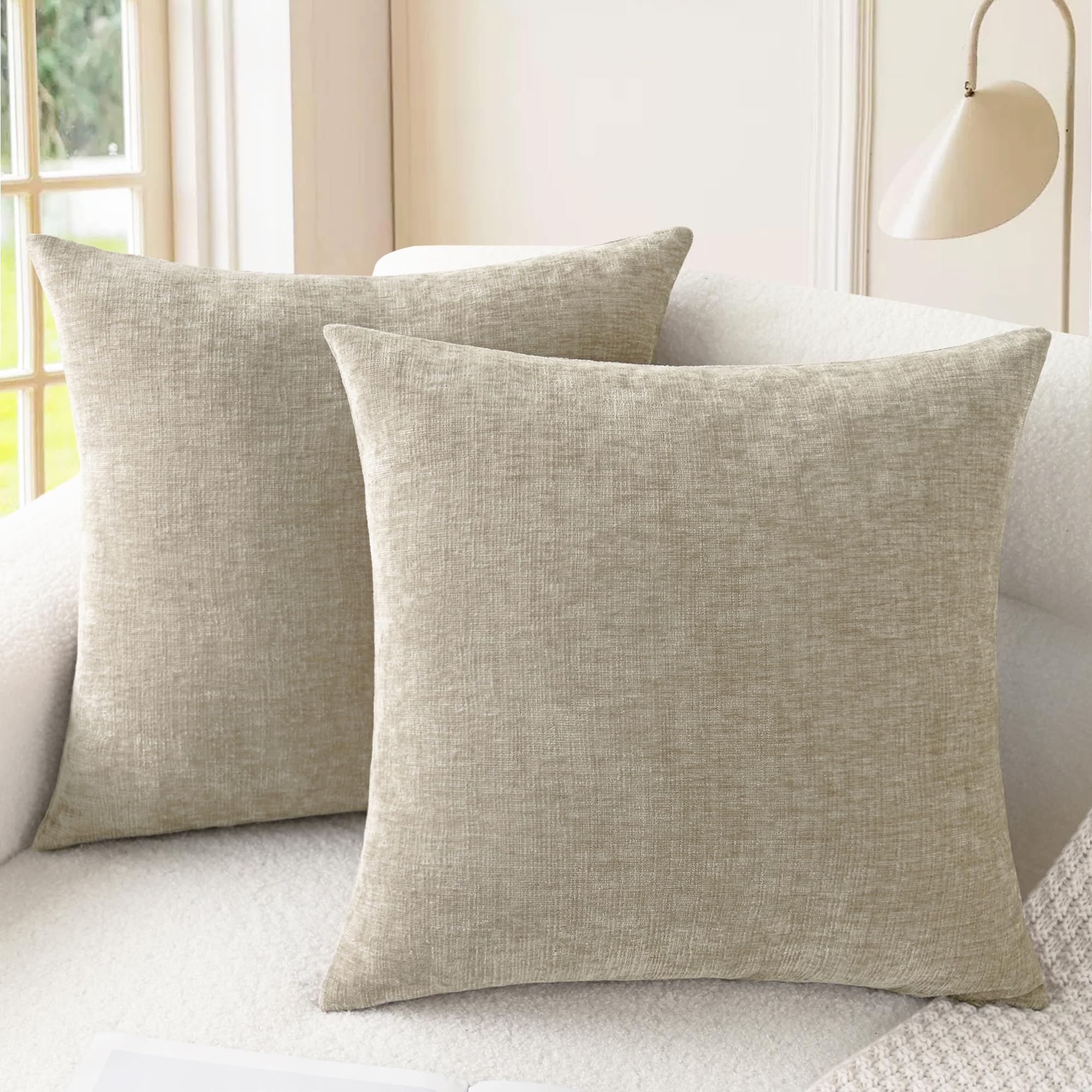 CaliTime Pack of 2 Cozy Throw Pillow Covers Cases for Couch Sofa Home Decoration Solid Dyed Soft Chenille 50cm X 50cm Light Taupe