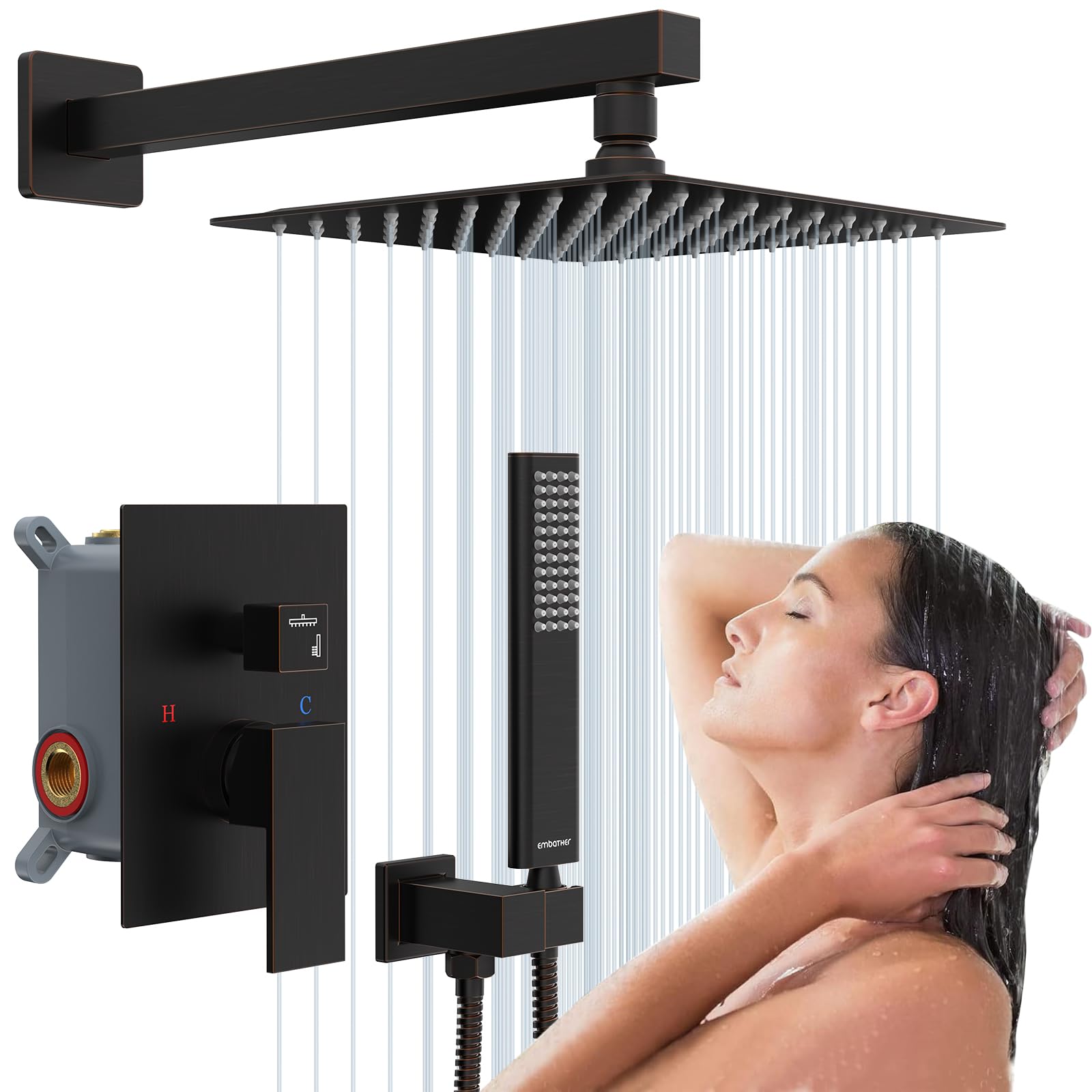 EMBATHER Oil Rubbed Bronze Shower System -10 Inches Shower Faucet Set with Square Rain Shower Head and Handheld High Pressure Shower Combo Set for Bathroom Wall Mounted (Contain Rough-in Valve & Trim)