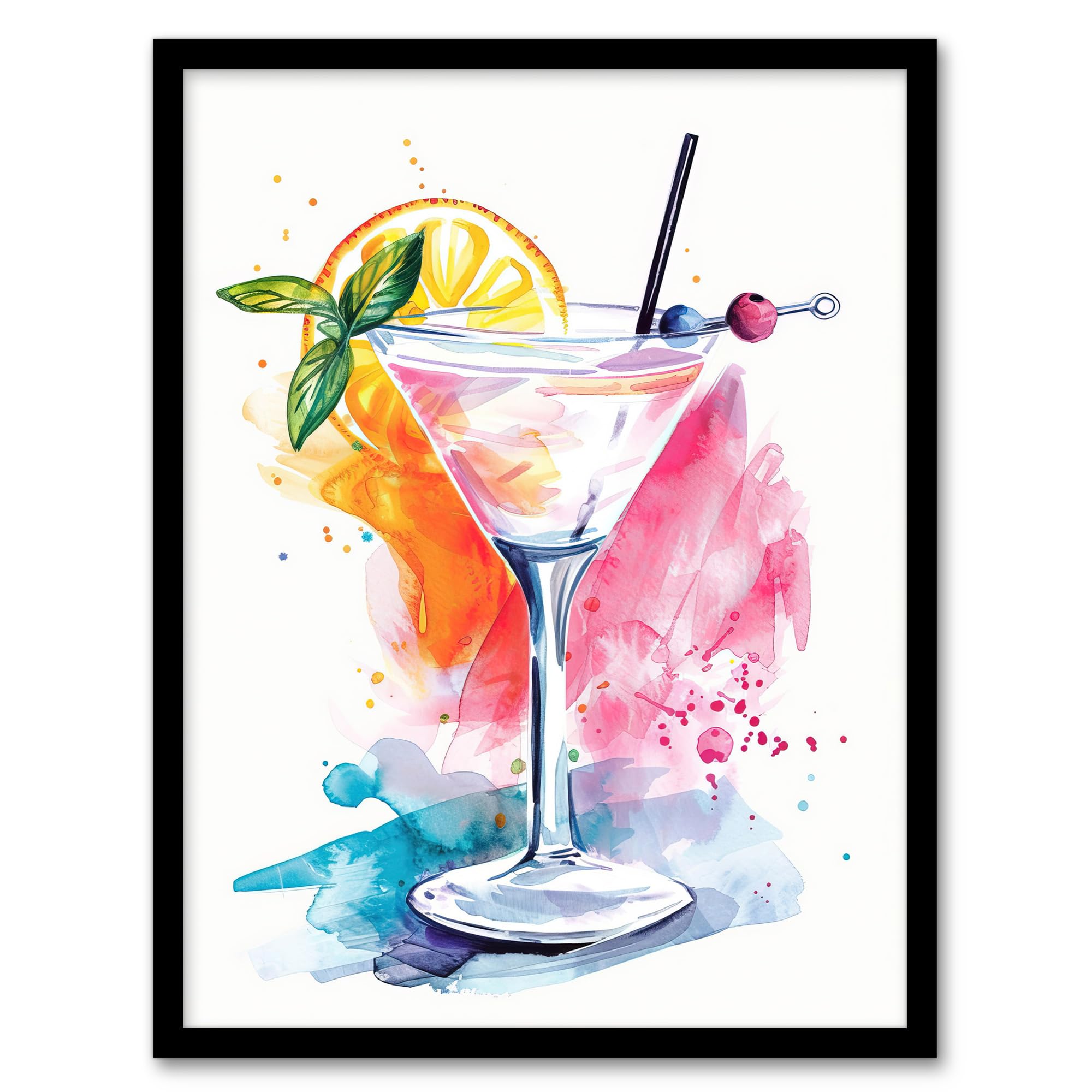 Artery8 Manhattan Cocktail Bright Modern Watercolour Kitchen Artwork Framed Wall Art Print A4