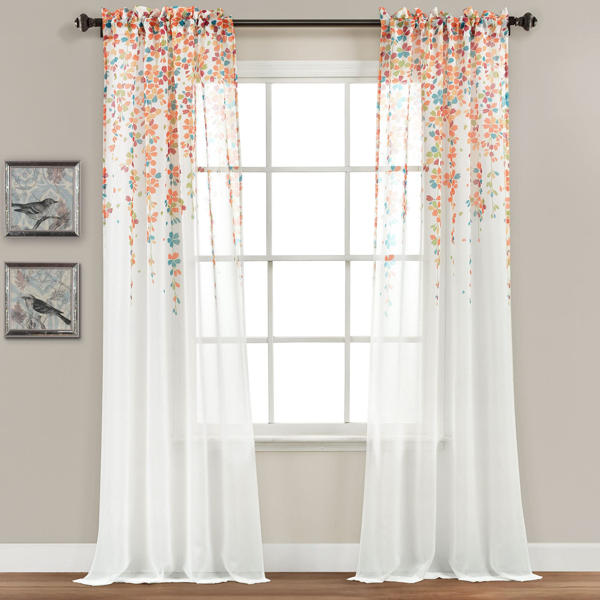 Lush Decor Weeping Flower Sheer Window Curtain Panel Pair, 84" Long x 38" Wide, Turquoise & Tangerine