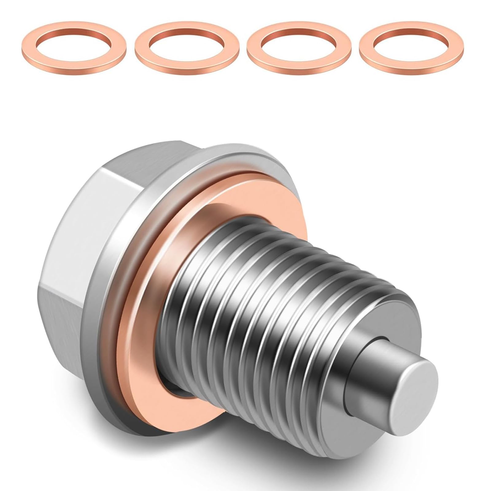 Magnetic M14x1.5 Stainless Steel Oil Drain Plug Nut Bolt with 5Pcs Copper Crush Washer Gaskets Repair Replacement,Universal Sump Plug for Most Car Motorcycle Boats Mechanics & DIYers