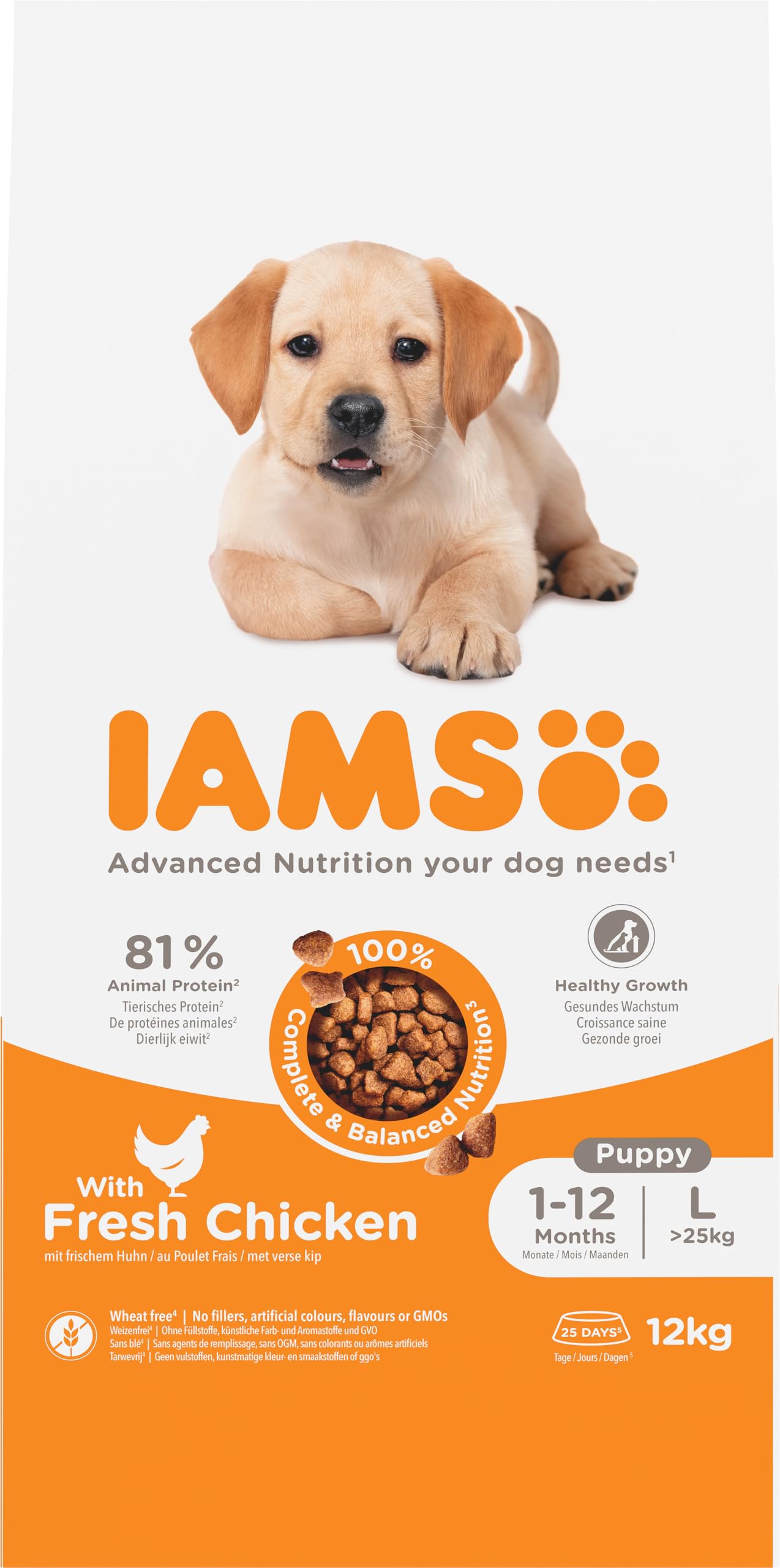 IAMS Junior Dry Dog Food with Chicken - Puppy Food for Puppies Aged 1-12 Months, Suitable for Large Breeds, 12 kg