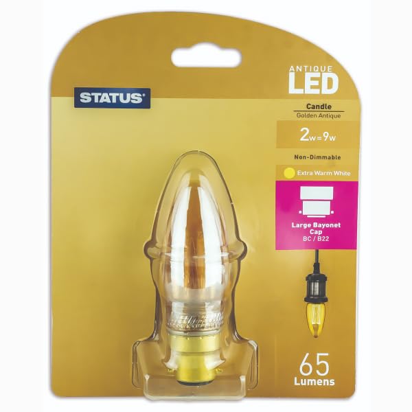 Status Filament LED Bulbs Type:Candle (Extra Warm White 1800k) 2w / Non-Dimmable/Cap: B22 / Golden Antique Finish / 15000 Hours/Multipack [2SRLCBCB112]