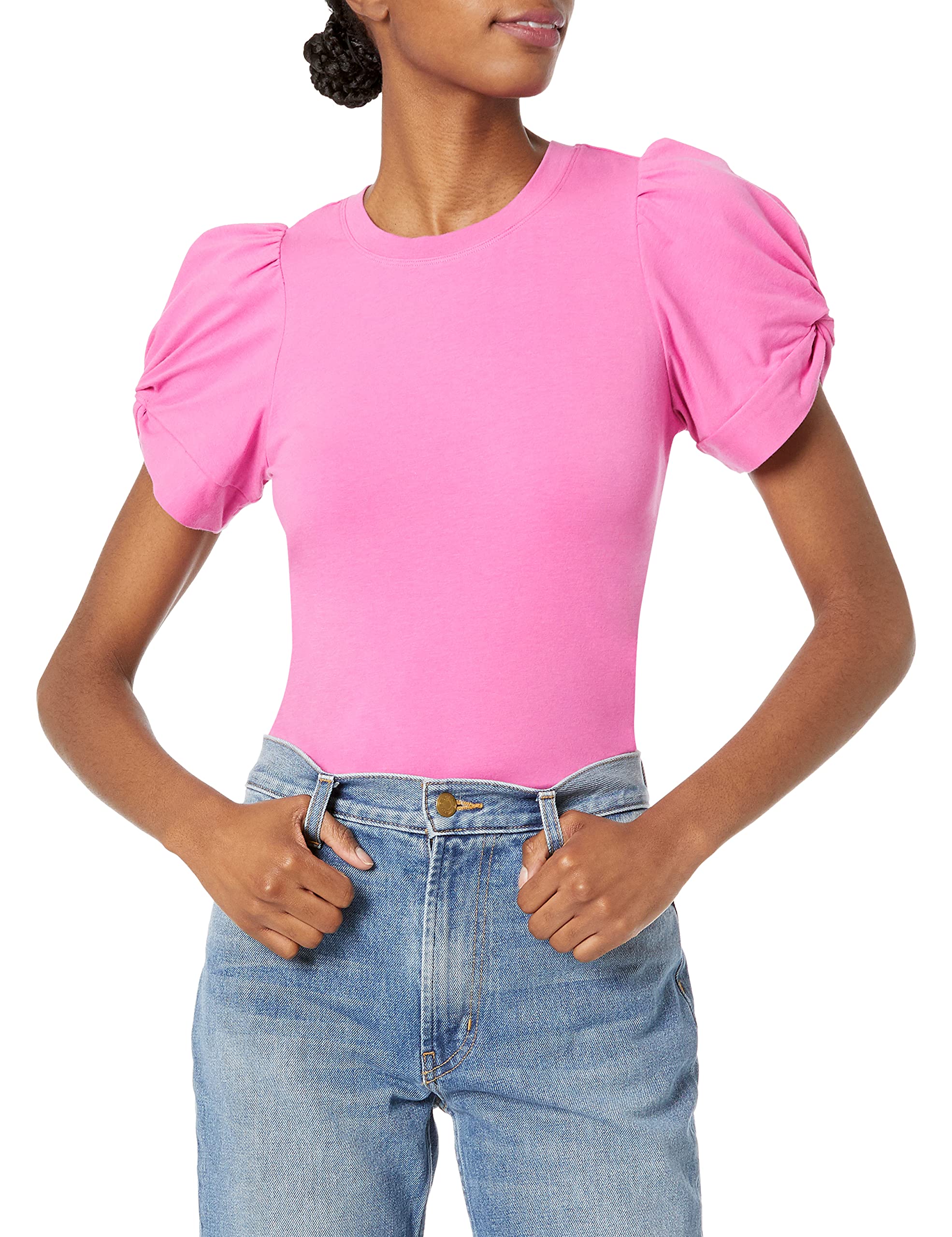 Amazon Essentials Women's Classic-Fit Twist Sleeve Crewneck T-Shirt, Bright Pink, Small