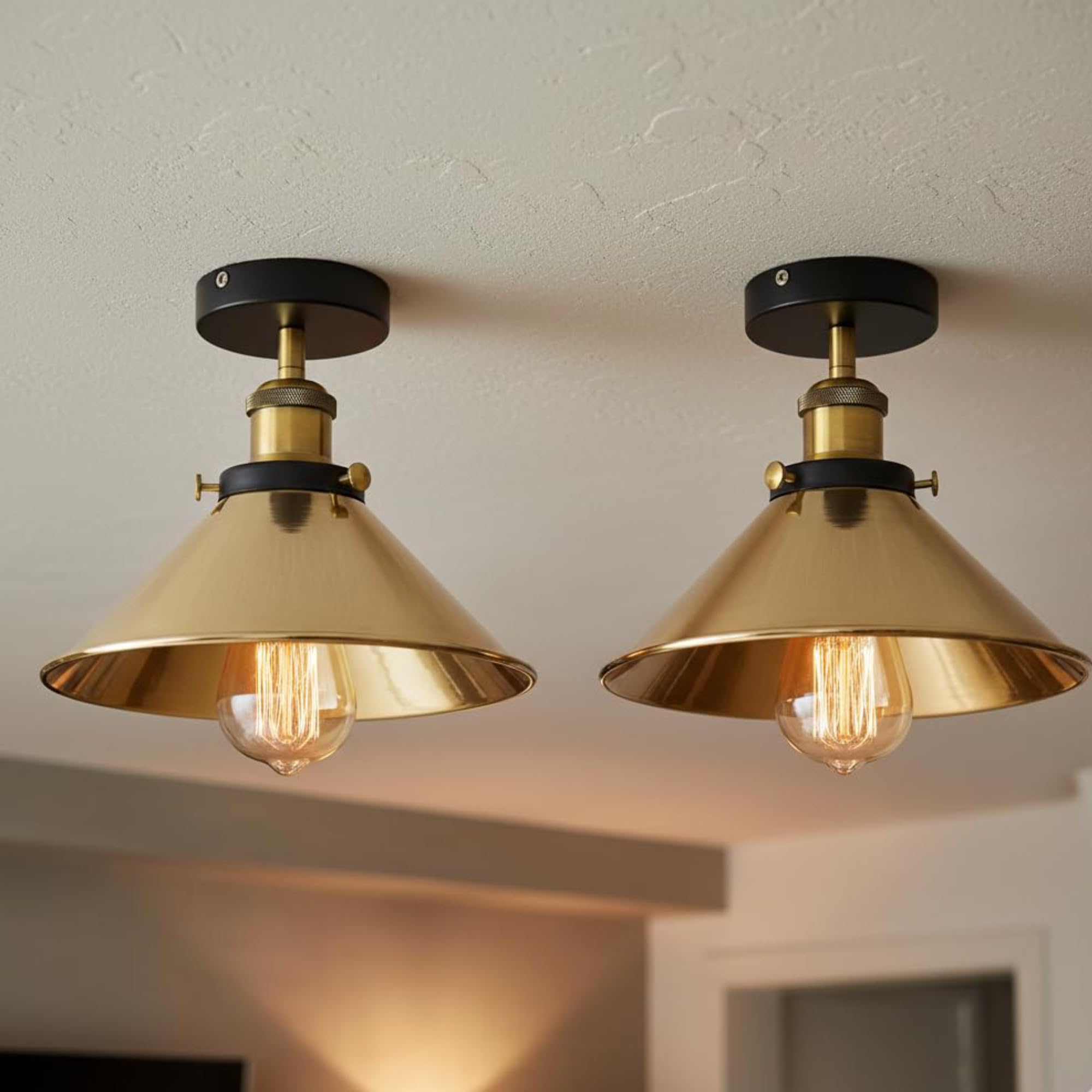 LEDSone Modern Semi Flush Mount Ceiling Light Metal 2 Pack Cone Shape Pendant Lamp Chandelier LED Lights Fitting for Kitchen Bedroom Hallway Restaurant Hotel (French Gold)