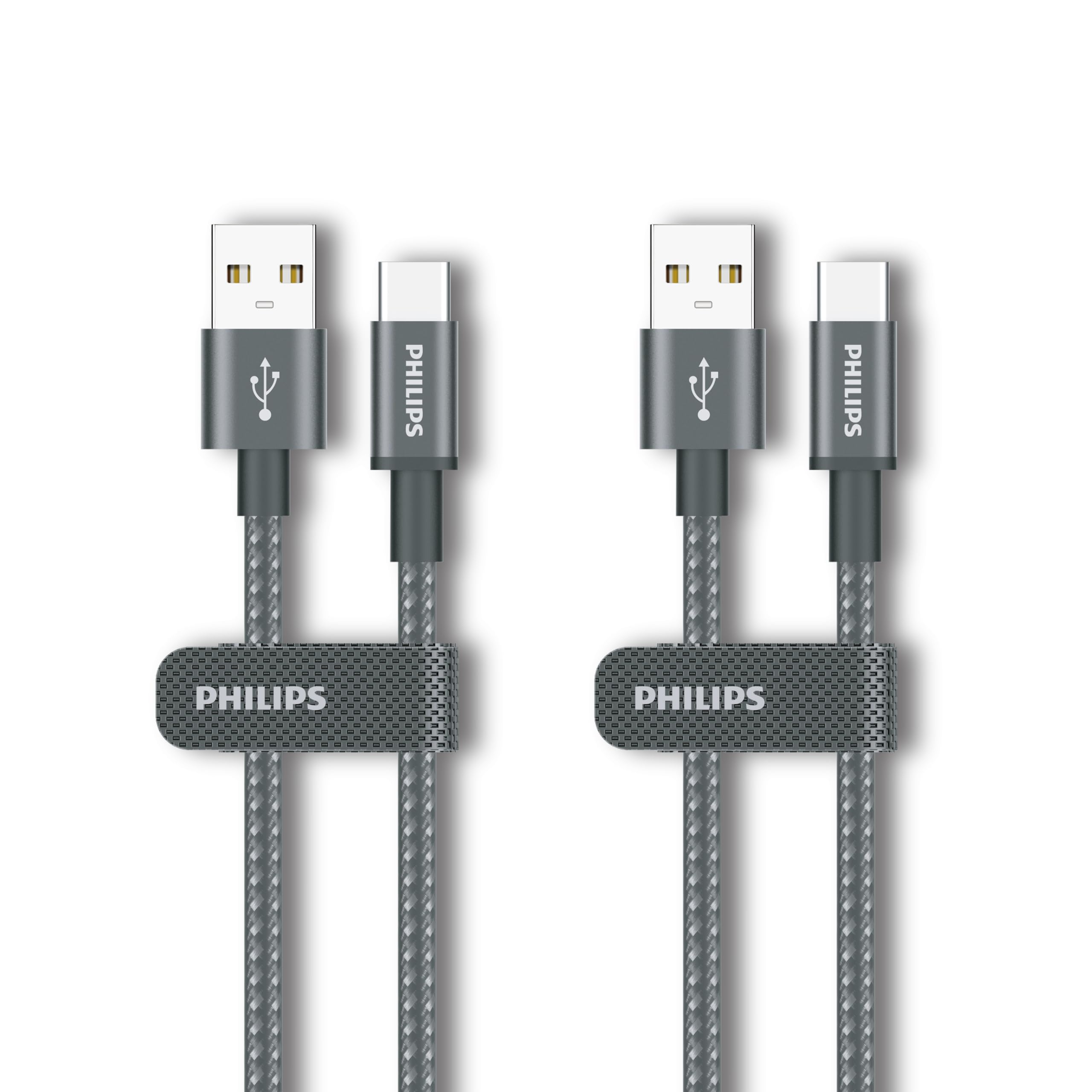 Philips DLC5030AA USB-C Cable 2-Pack 1M, 18W Fast Charging, PET-Resistant Braided Cord, 480Mbps Data Transfer, Type-C Charger for Android, CarPlay, Android Auto