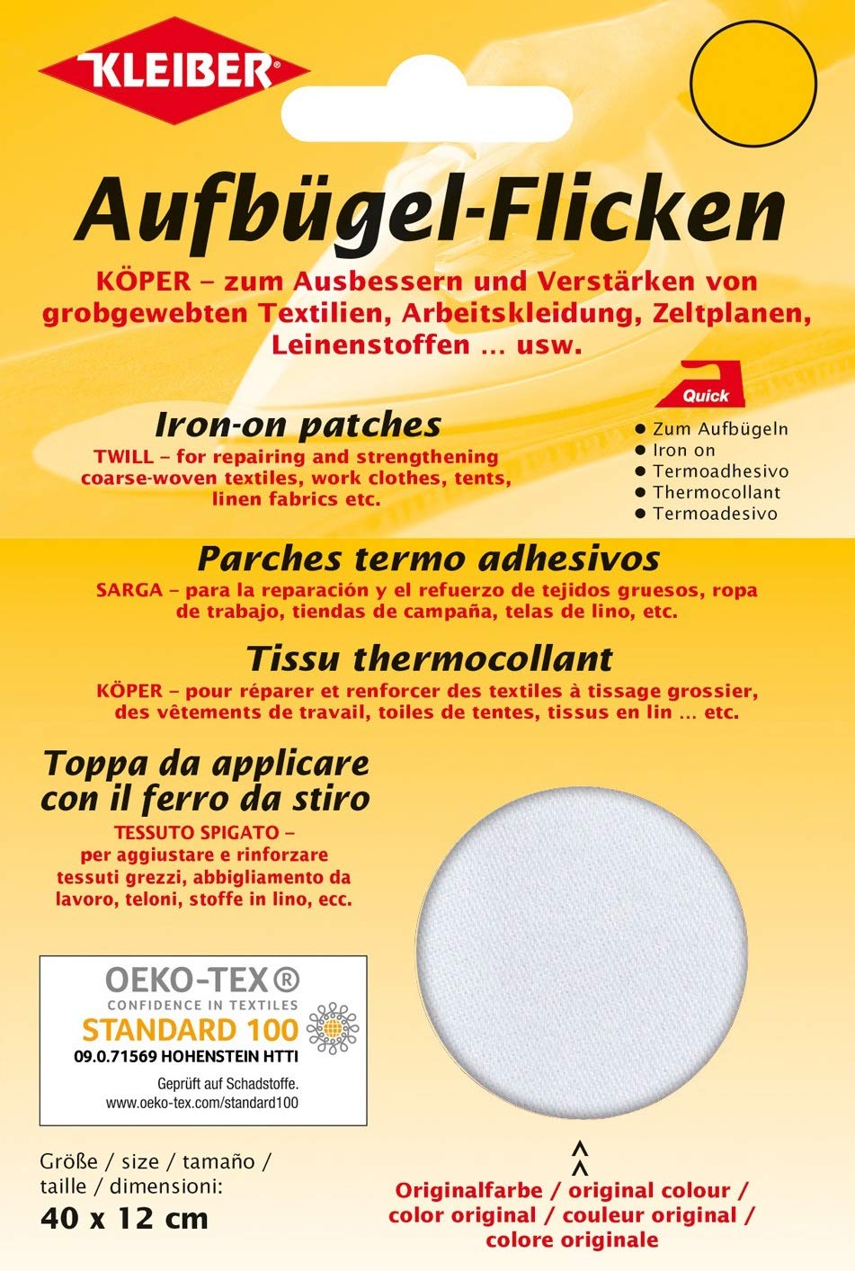 Kleiber 40 x 12 cm Large Iron on Cotton Repair Patch, White, 100%, 40x12x0.3 cm